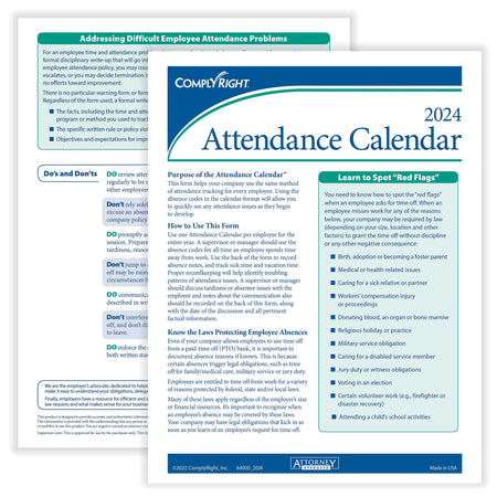 ComplyRight 2024 Attendance Calendar Card, White, Pack of 50