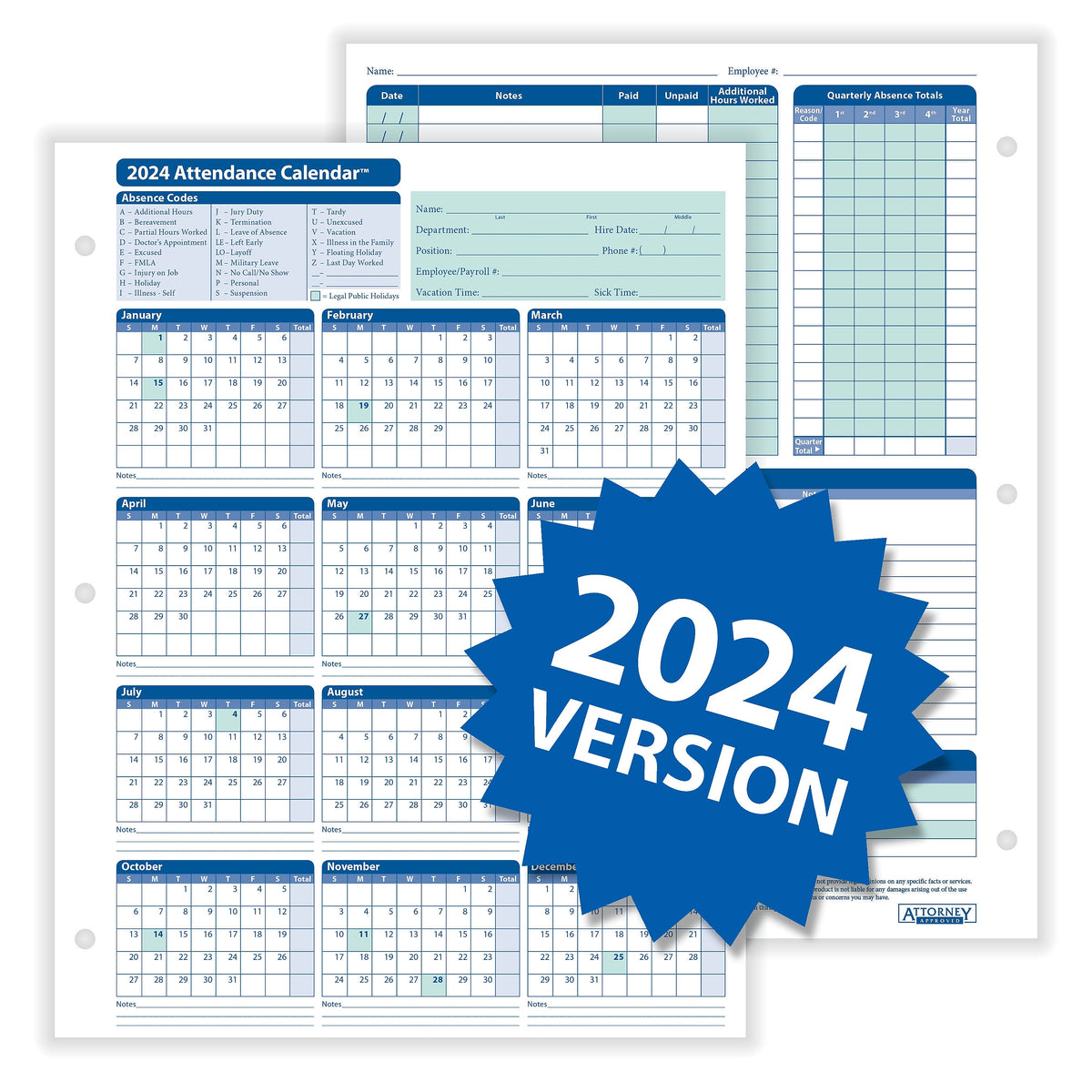 Callender Card ComplyRight 2024 Attendance Calendar Card, White, Pack of 50 – Personal ...