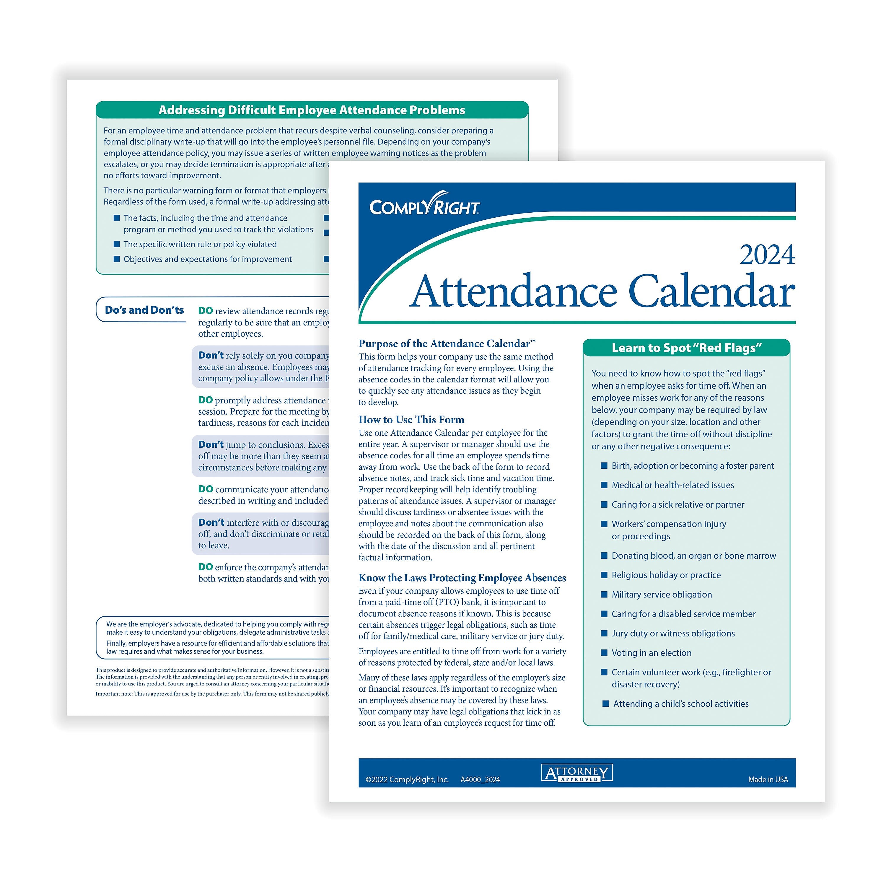 ComplyRight 2024 Attendance Calendar Kit, White, Pack of 200