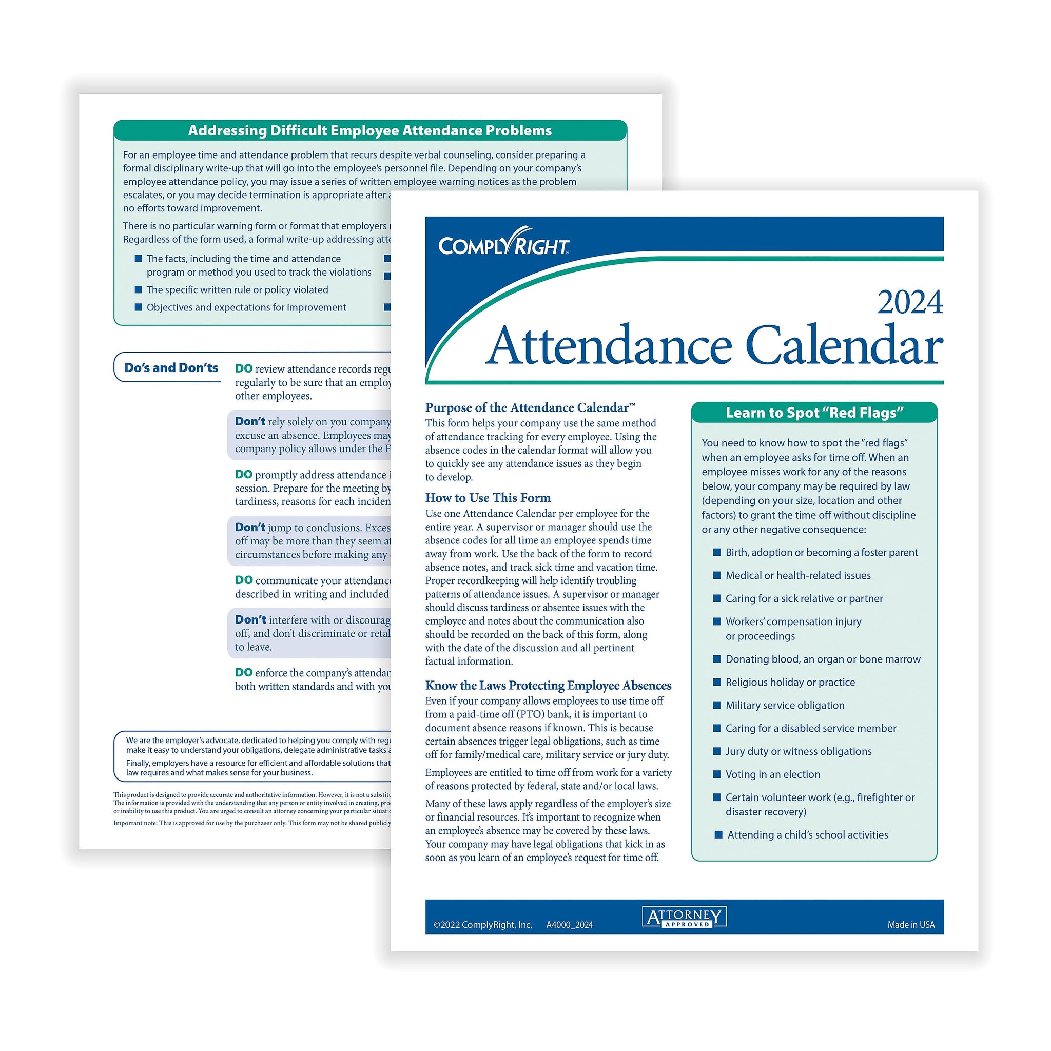 ComplyRight 2024 Attendance Calendar Kit, White, Pack of 200
