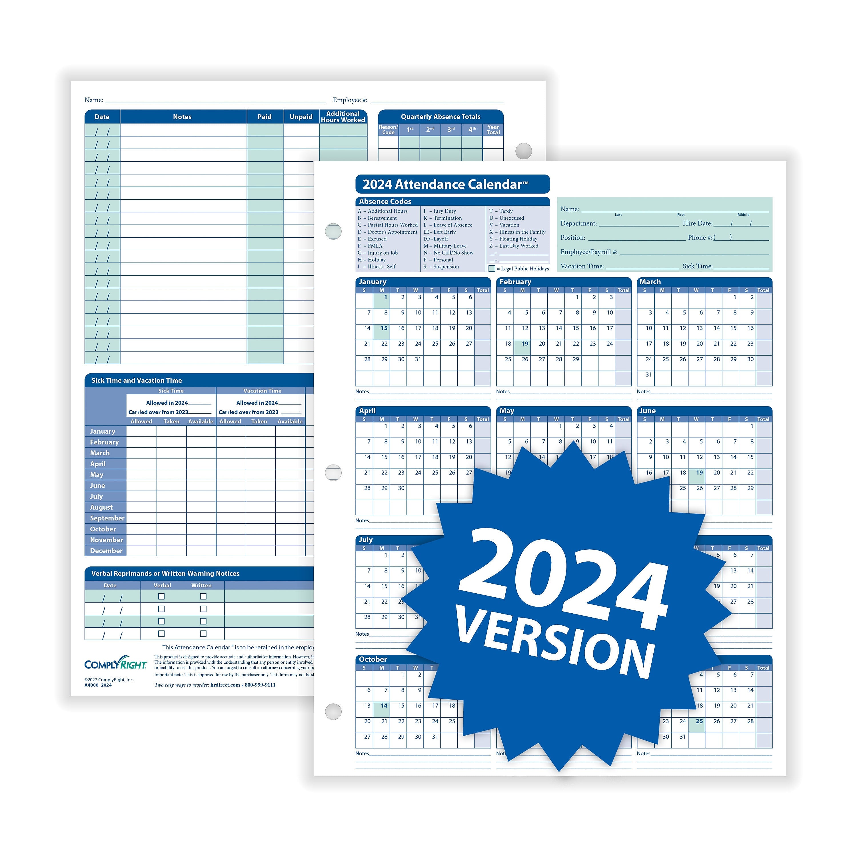 ComplyRight 2024 Attendance Calendar Kit, White, Pack of 200