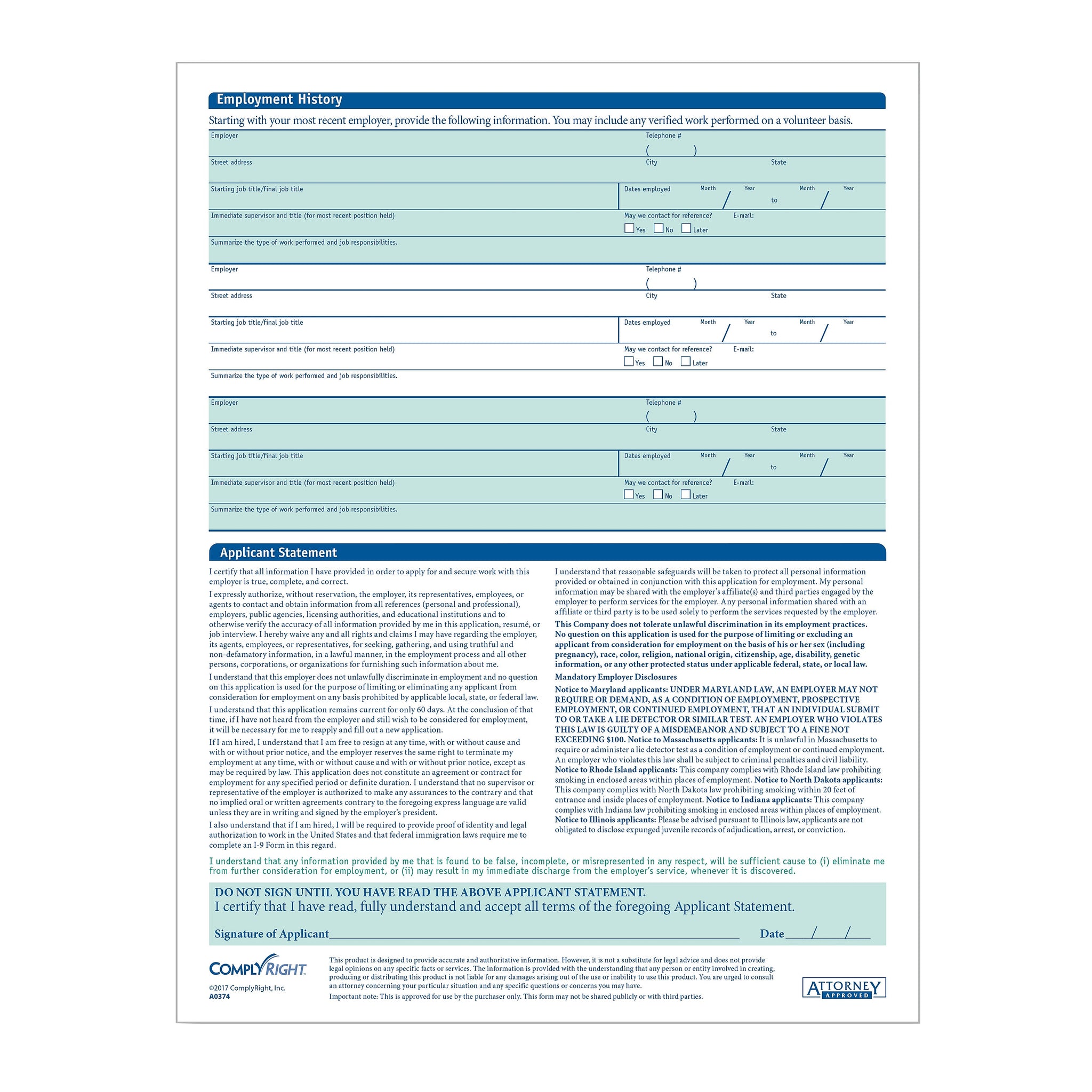 ComplyRight™ 50-State Job Application - Short Form, Pack of 50
