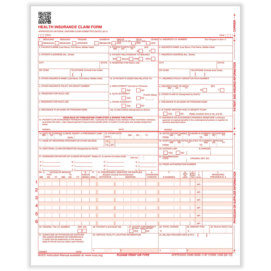 ComplyRight CMS-1500 Health Insurance Claim Forms , 8-1/2" x 11", Box of 1,000