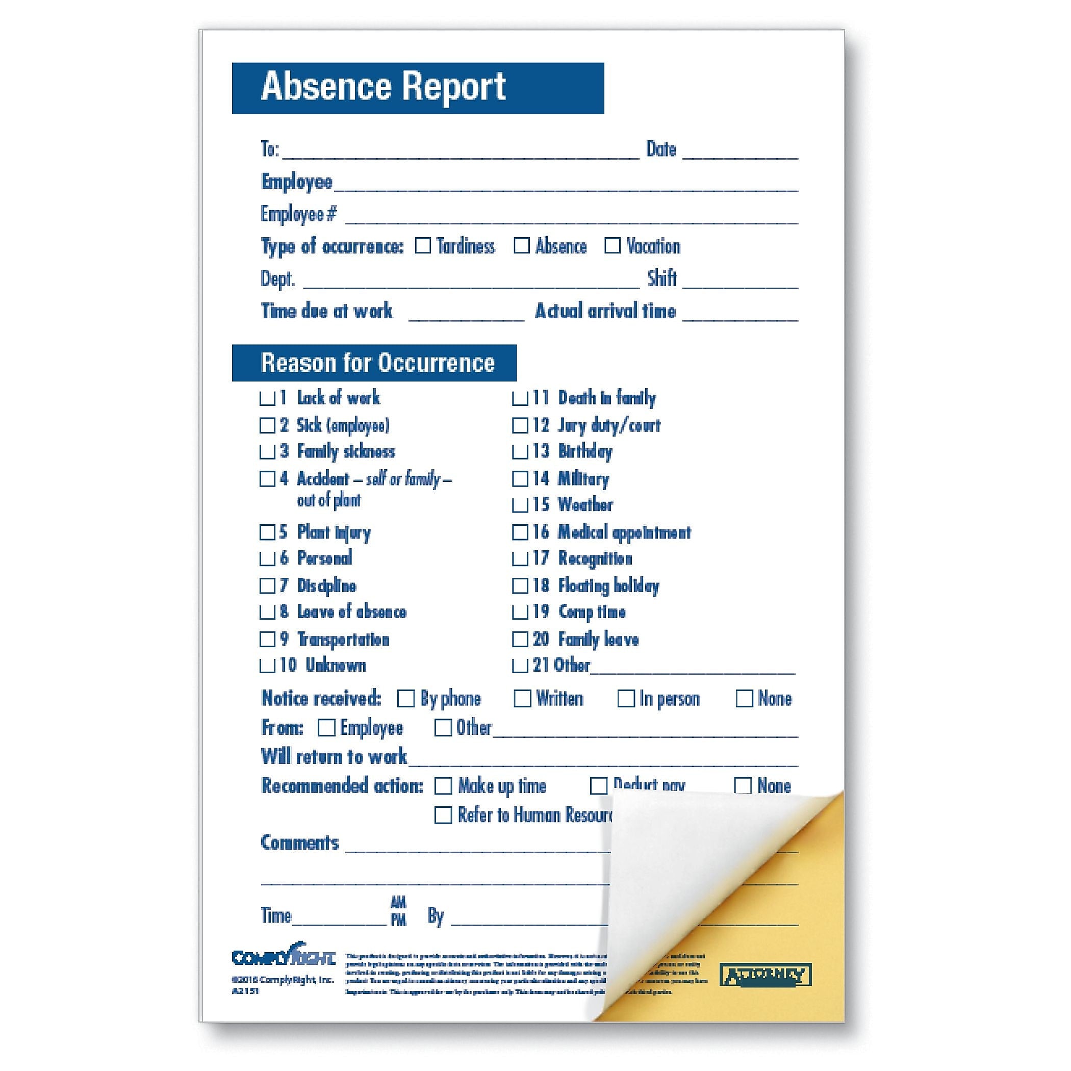 ComplyRight Compact 2-Part Absence Report, Pack of 50