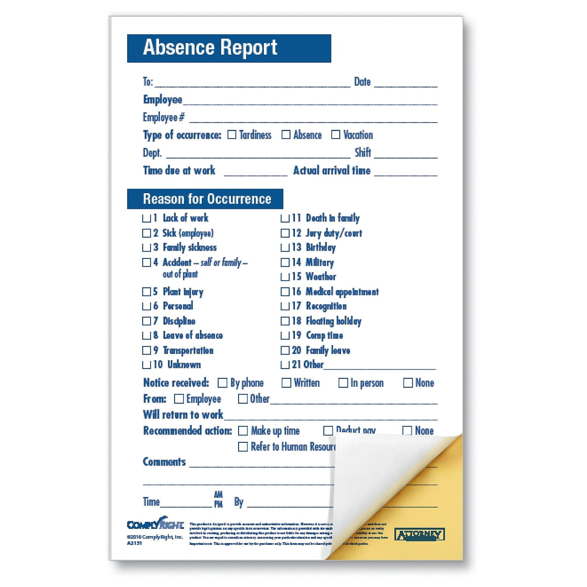 ComplyRight Compact 2-Part Absence Report, Pack of 50