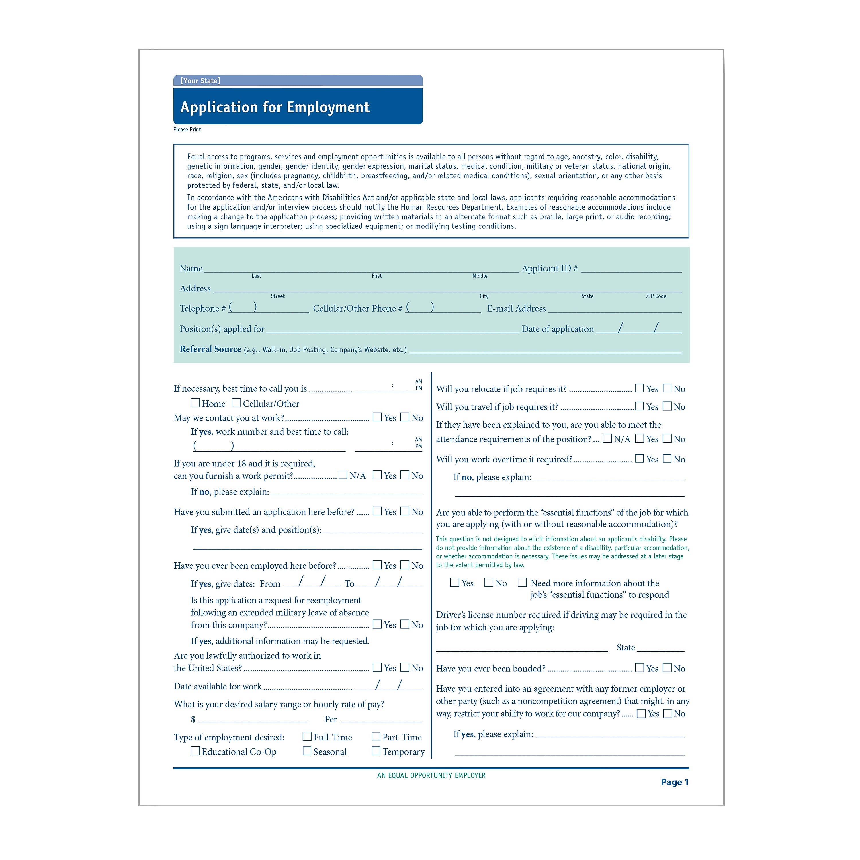 ComplyRight™ Pennsylvania Job Application, Pack of 50