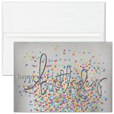 "Confetti on Silver" Birthday Card w/ Unlined White Envelope, 100/BX