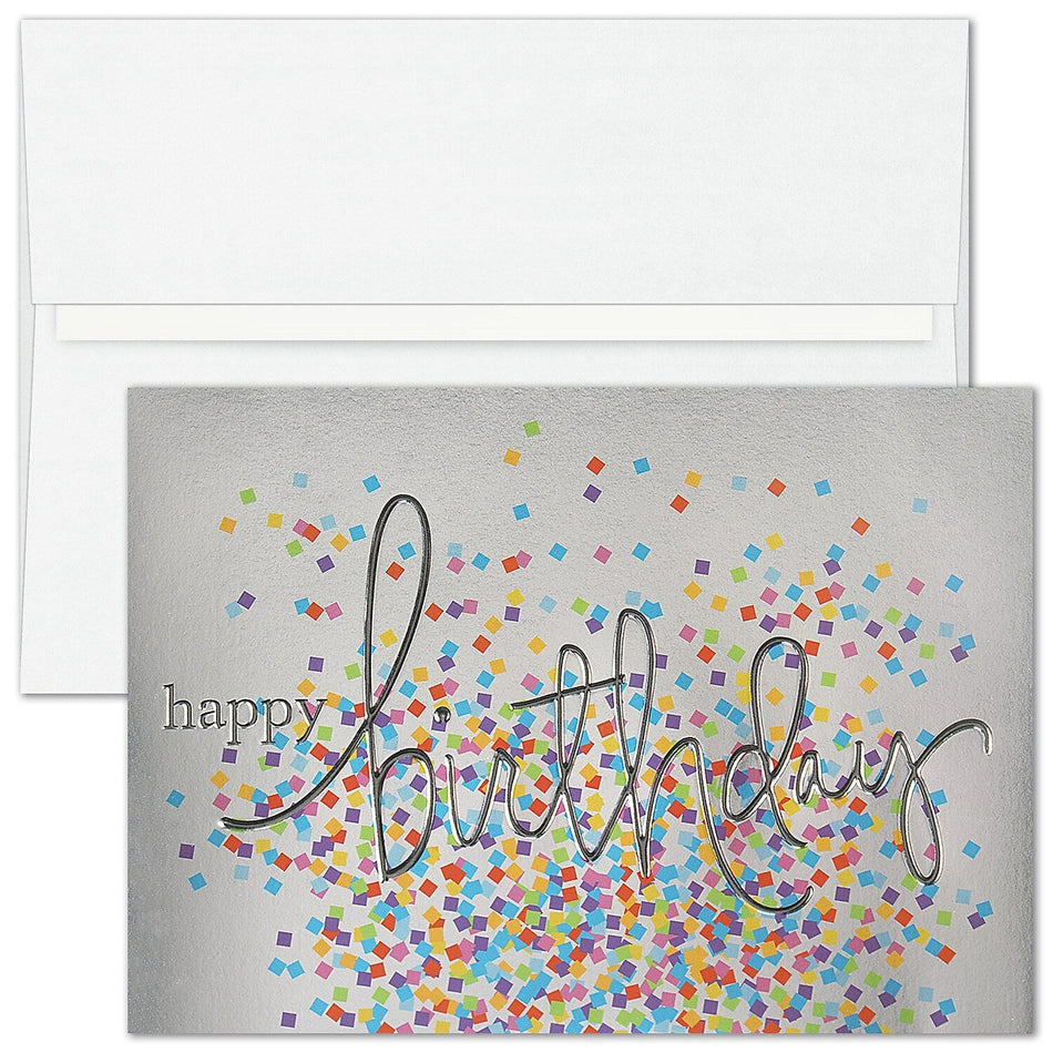 "Confetti on Silver" Birthday Card w/ Unlined White Envelope, 25/BX