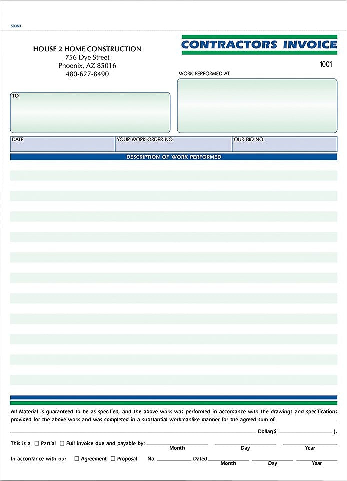 Contractors Invoice Form Ruled, 8-1/2" x 11", 3-Part, Qty 250