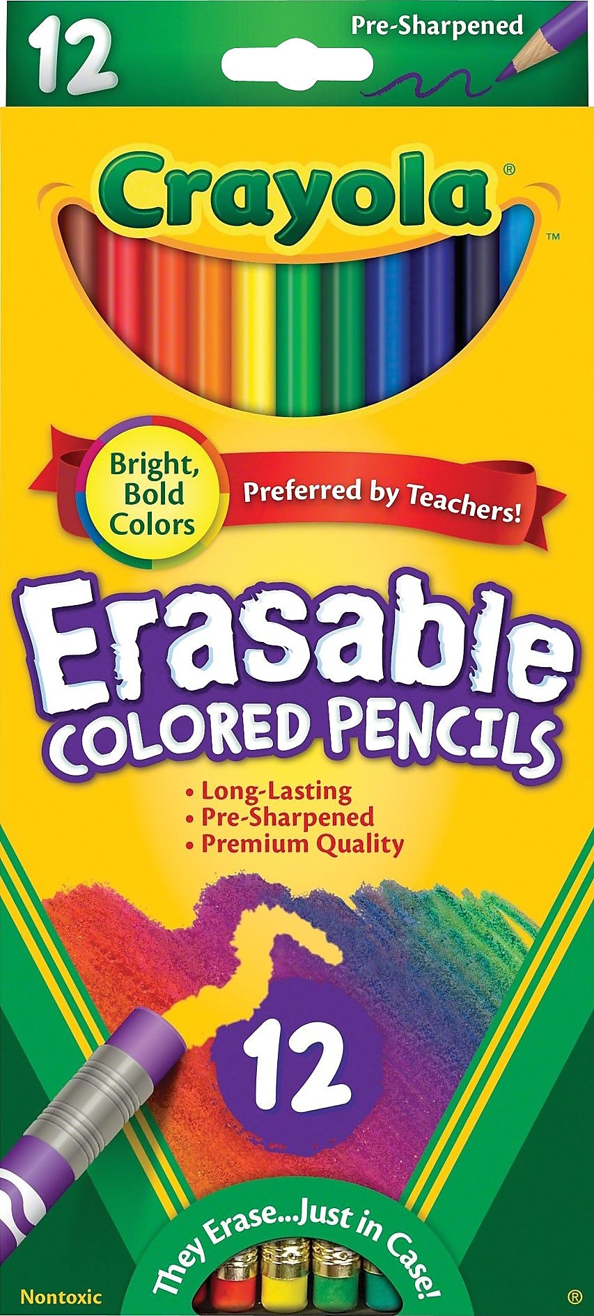 Crayola Eraseable Colored Pencils, Assorted Colors, 12 Pencils/Pack