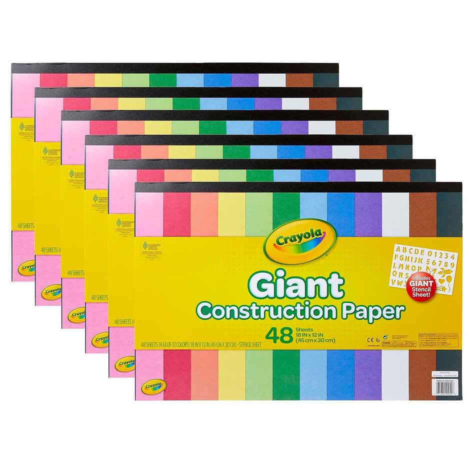 Crayola Giant Construction Paper, 12" x 18", Assorted Colors, 48 Sheets/Pad, 6 Pads/Bundle