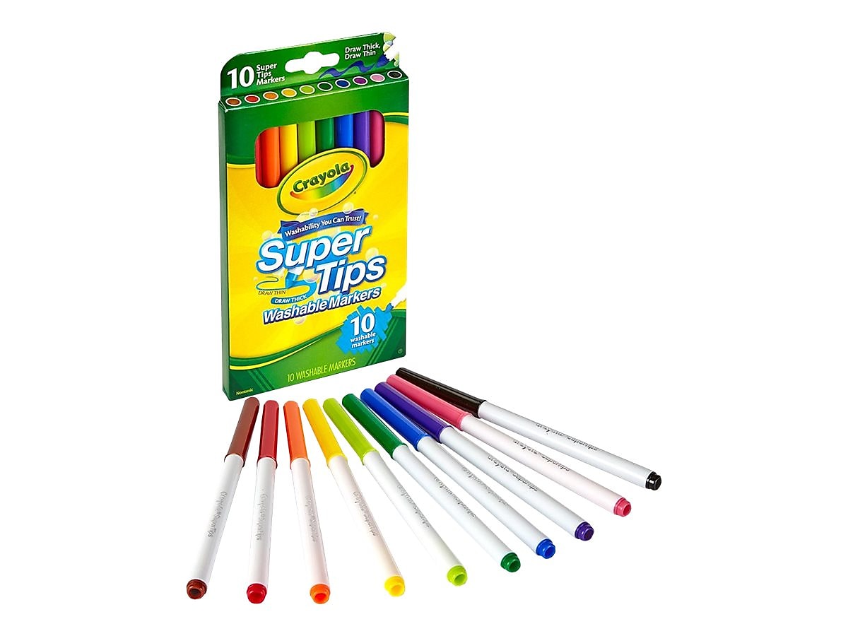 Crayola Super Tips Washable Markers, Fine Line, Assorted Colors, 10/Box
