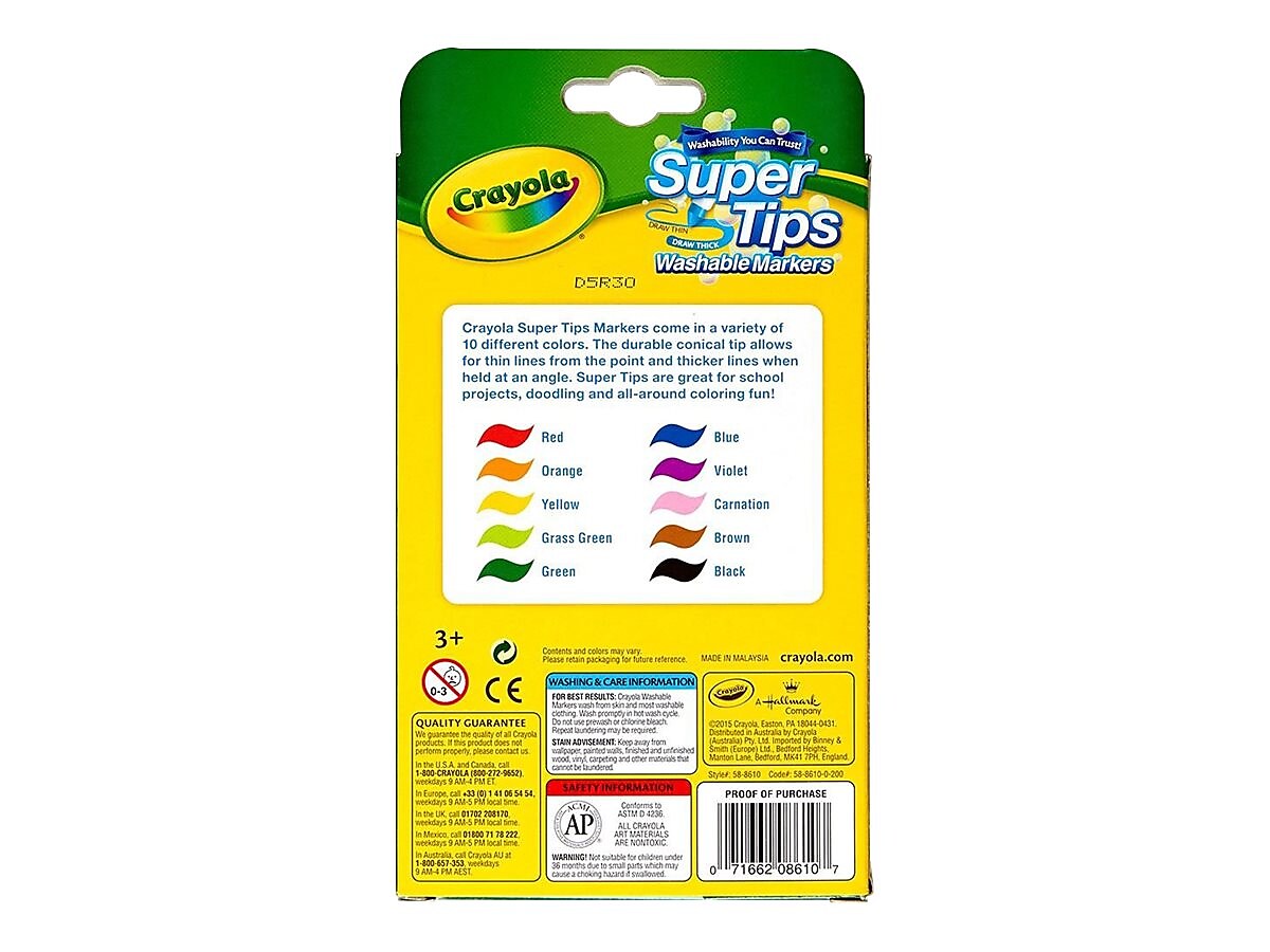 Crayola Super Tips Washable Markers, Fine Line, Assorted Colors, 10/Box