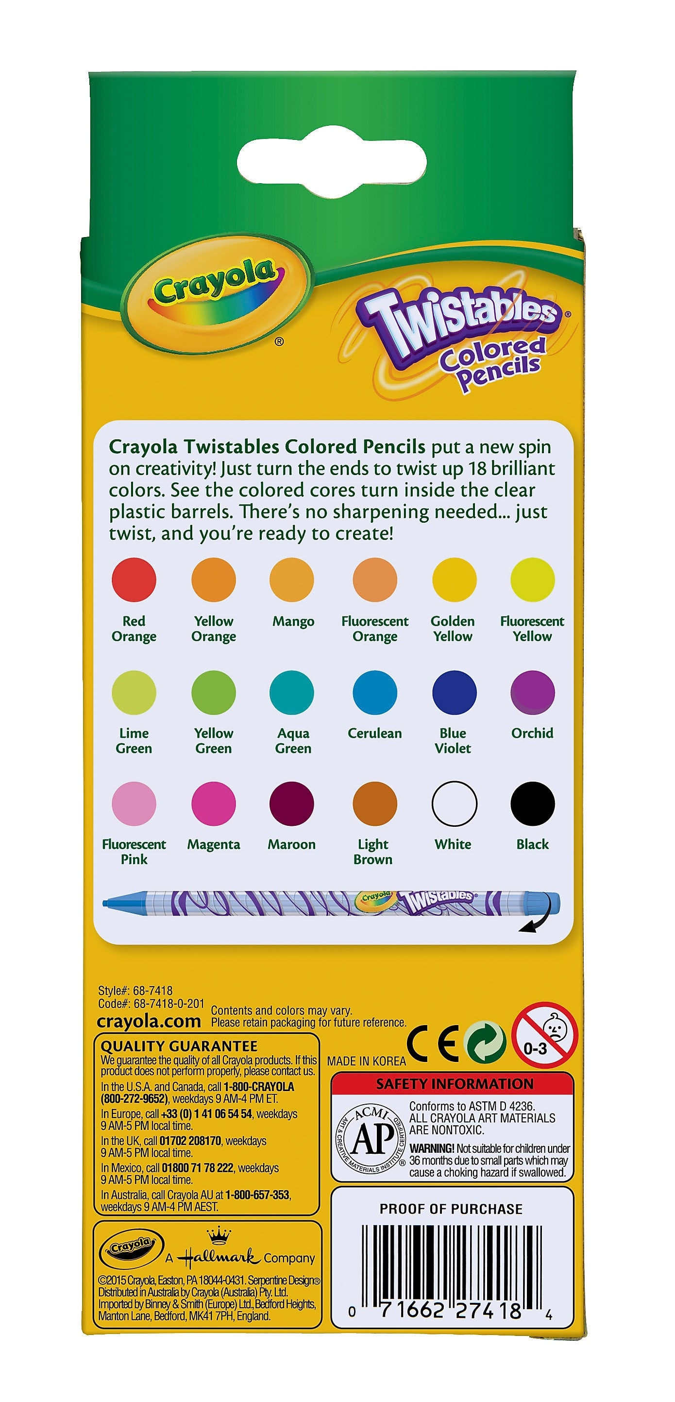Crayola Twistable Kids' Colored Pencils, Assorted Colors, 18/Pack