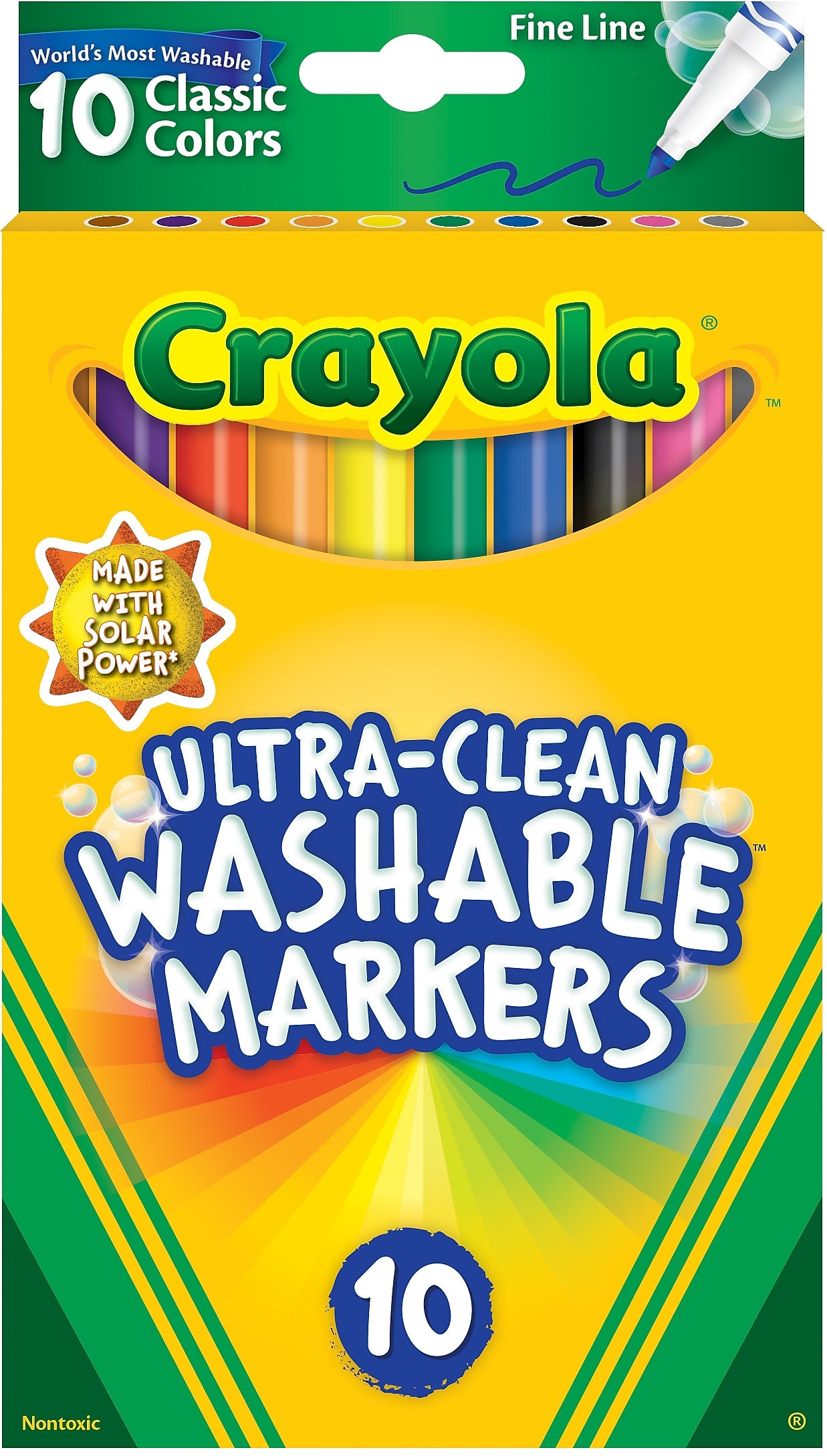 Crayola Ultra-Clean Washable Markers, Fine Line, Assorted Colors, 10/Box