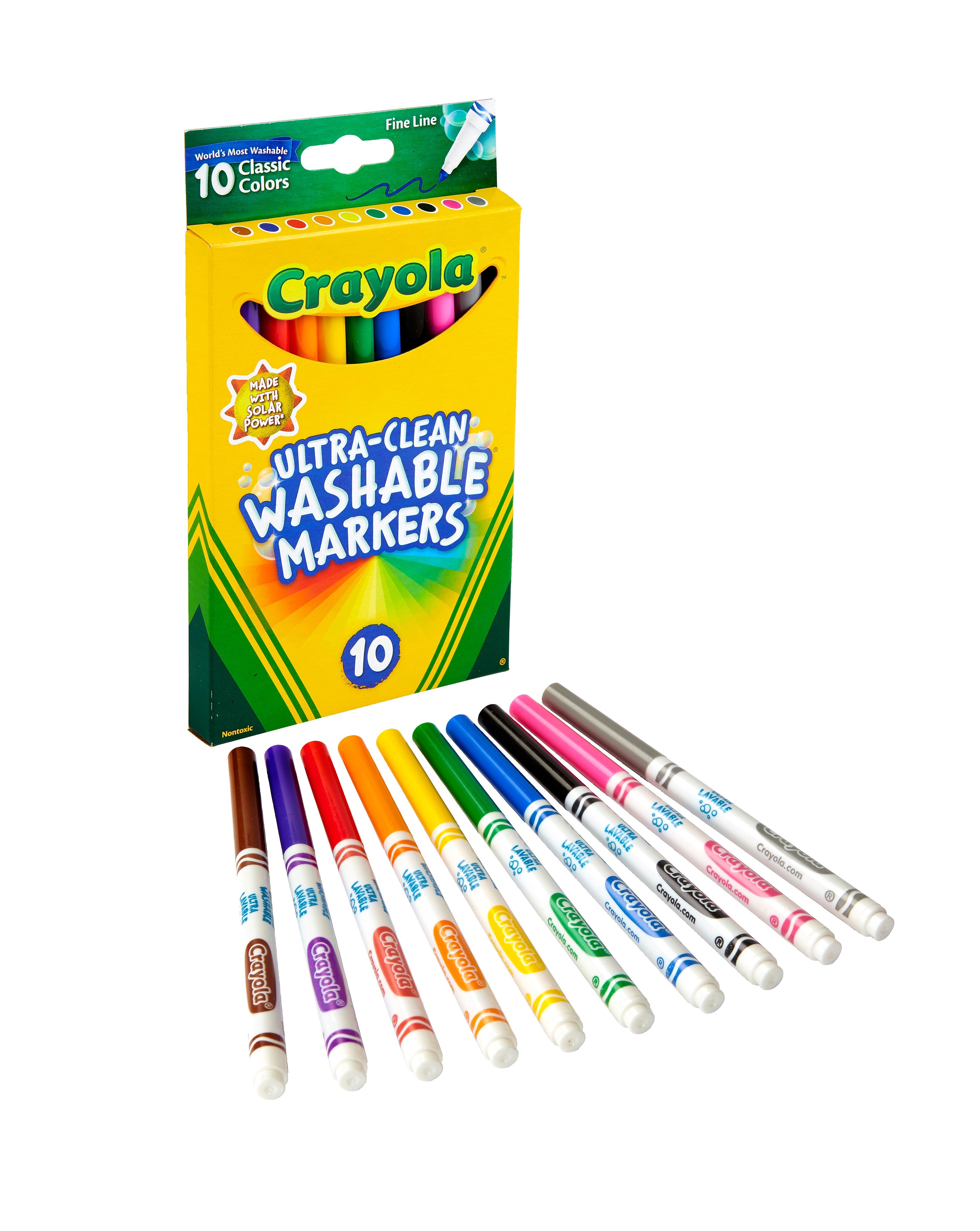 Crayola Ultra-Clean Washable Markers, Fine Line, Assorted Colors, 10/Box