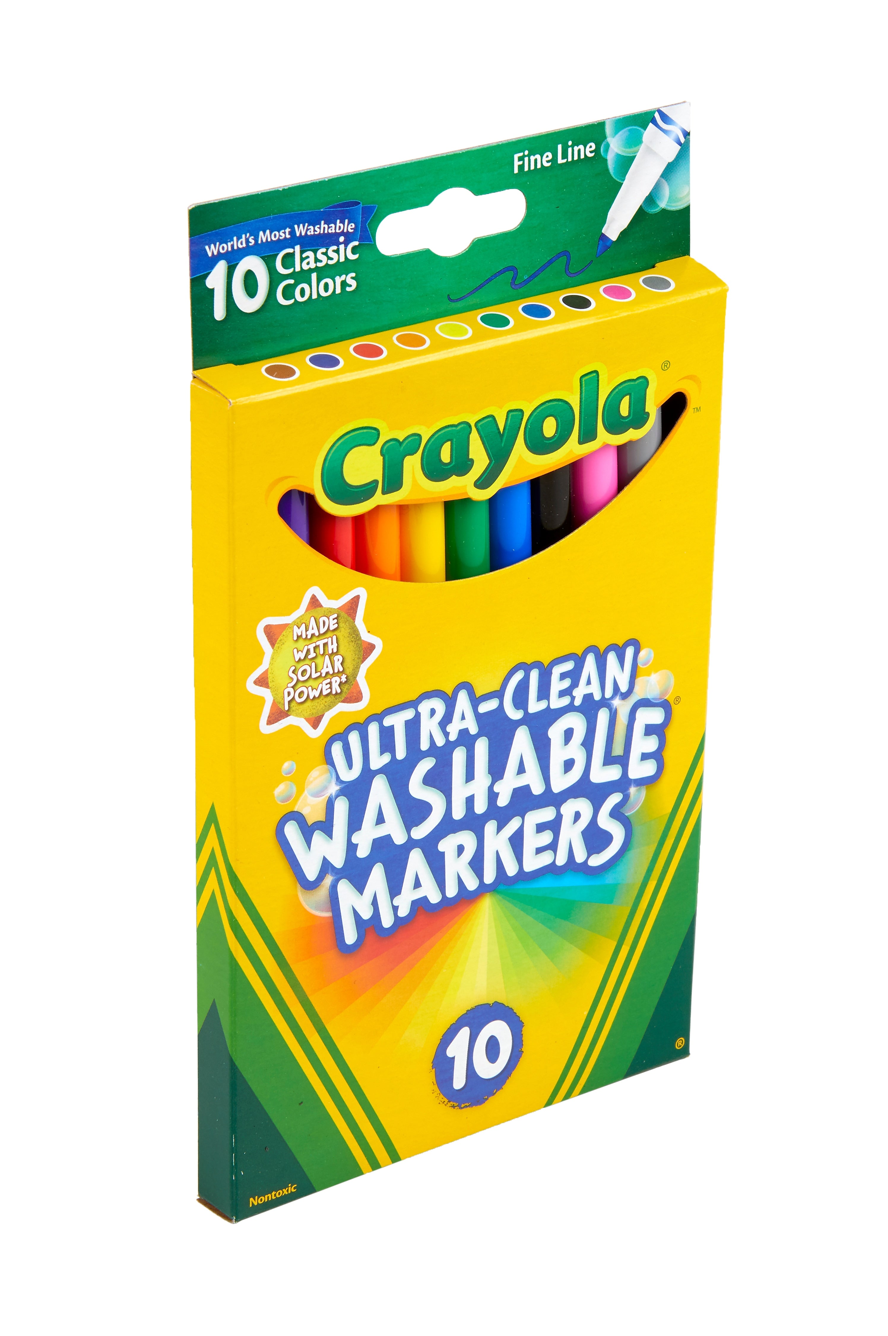Crayola Ultra-Clean Washable Markers, Fine Line, Assorted Colors, 10/Box