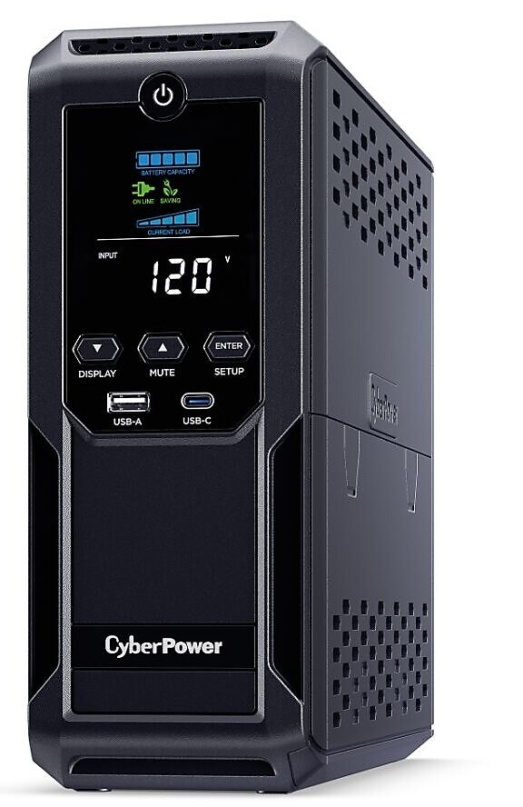 CyberPower Intelligent LCD UPS System, 1500VA/900W, 12 Outlets, 2 USB Ports, AVR, Mini Tower, Black