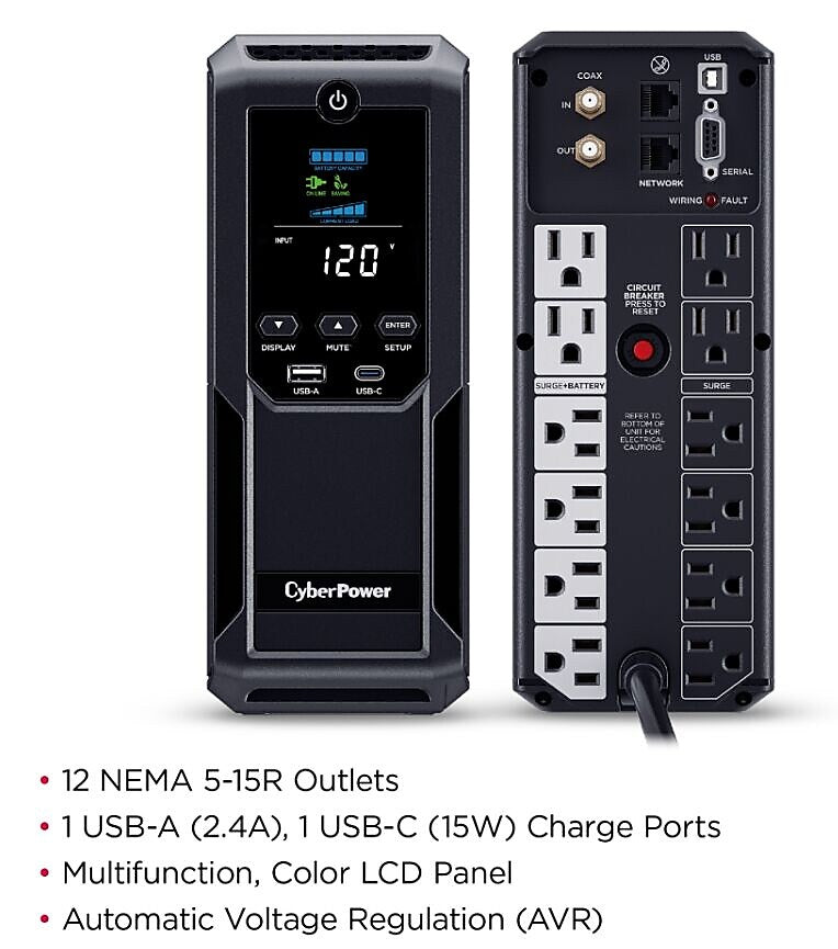 CyberPower Intelligent LCD UPS System, 1500VA/900W, 12 Outlets, 2 USB Ports, AVR, Mini Tower, Black