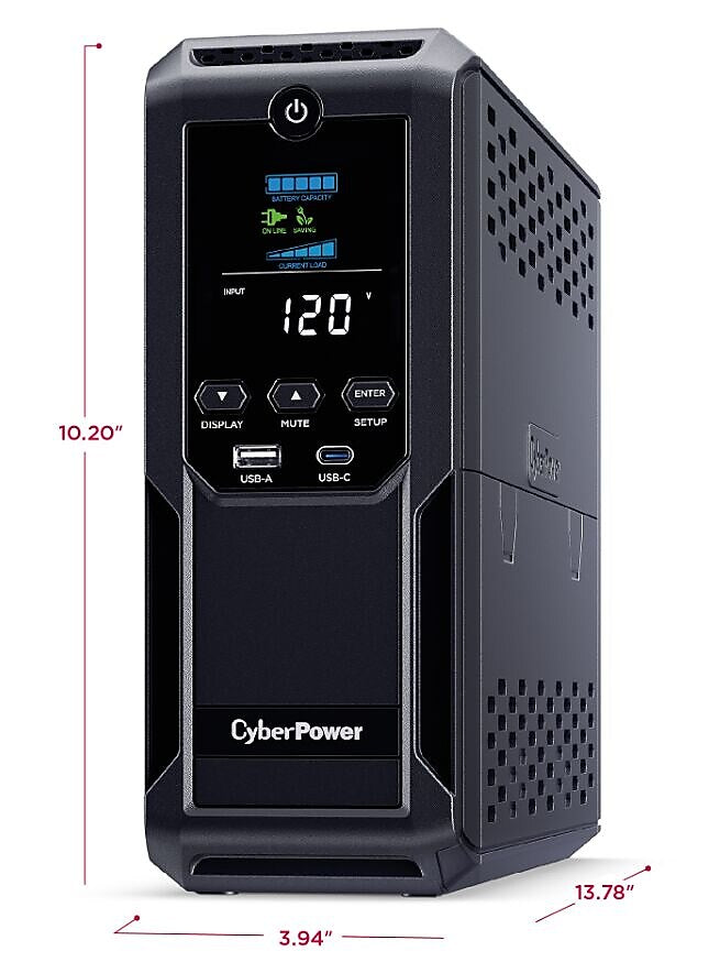 CyberPower Intelligent LCD UPS System, 1500VA/900W, 12 Outlets, 2 USB Ports, AVR, Mini Tower, Black