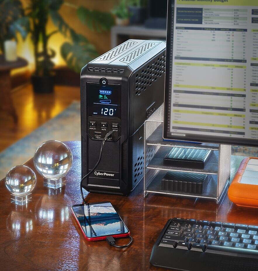 CyberPower Intelligent LCD UPS System, 1500VA/900W, 12 Outlets, 2 USB Ports, AVR, Mini Tower, Black