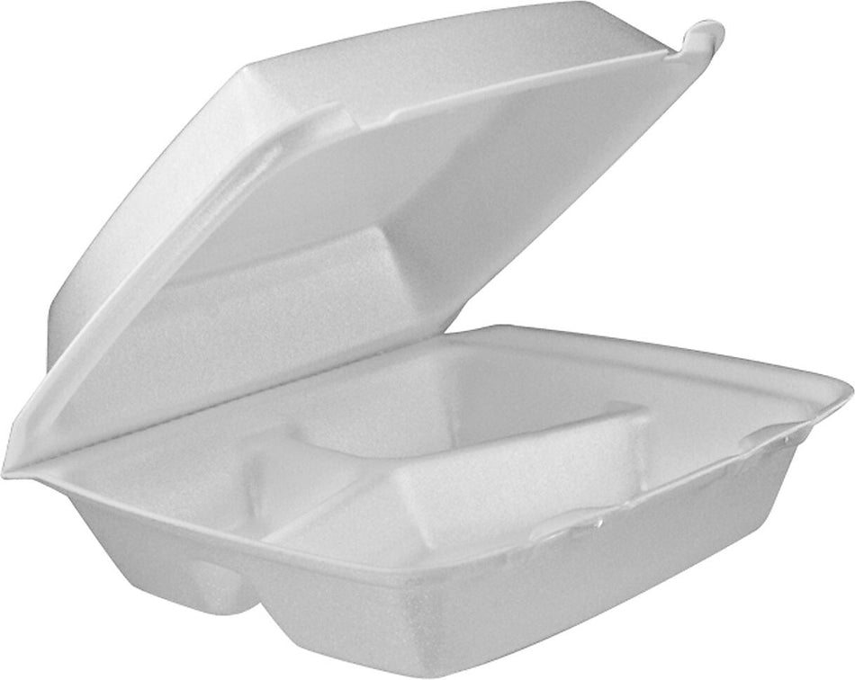 Dart® Square 3-Comp Foam Hinged Carryout Container 8.5", White, 200/Carton