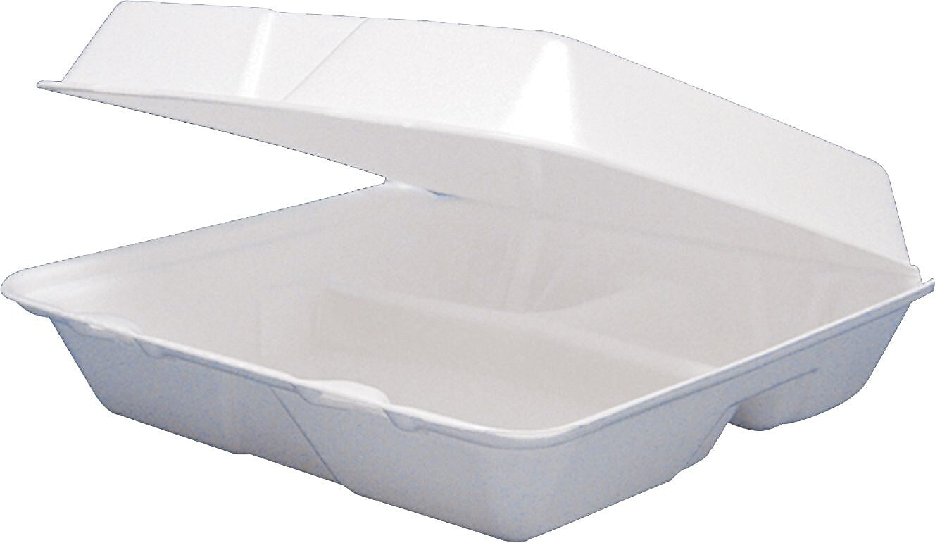 Dart® Square 3-Comp Foam Hinged Carryout Container 8.5