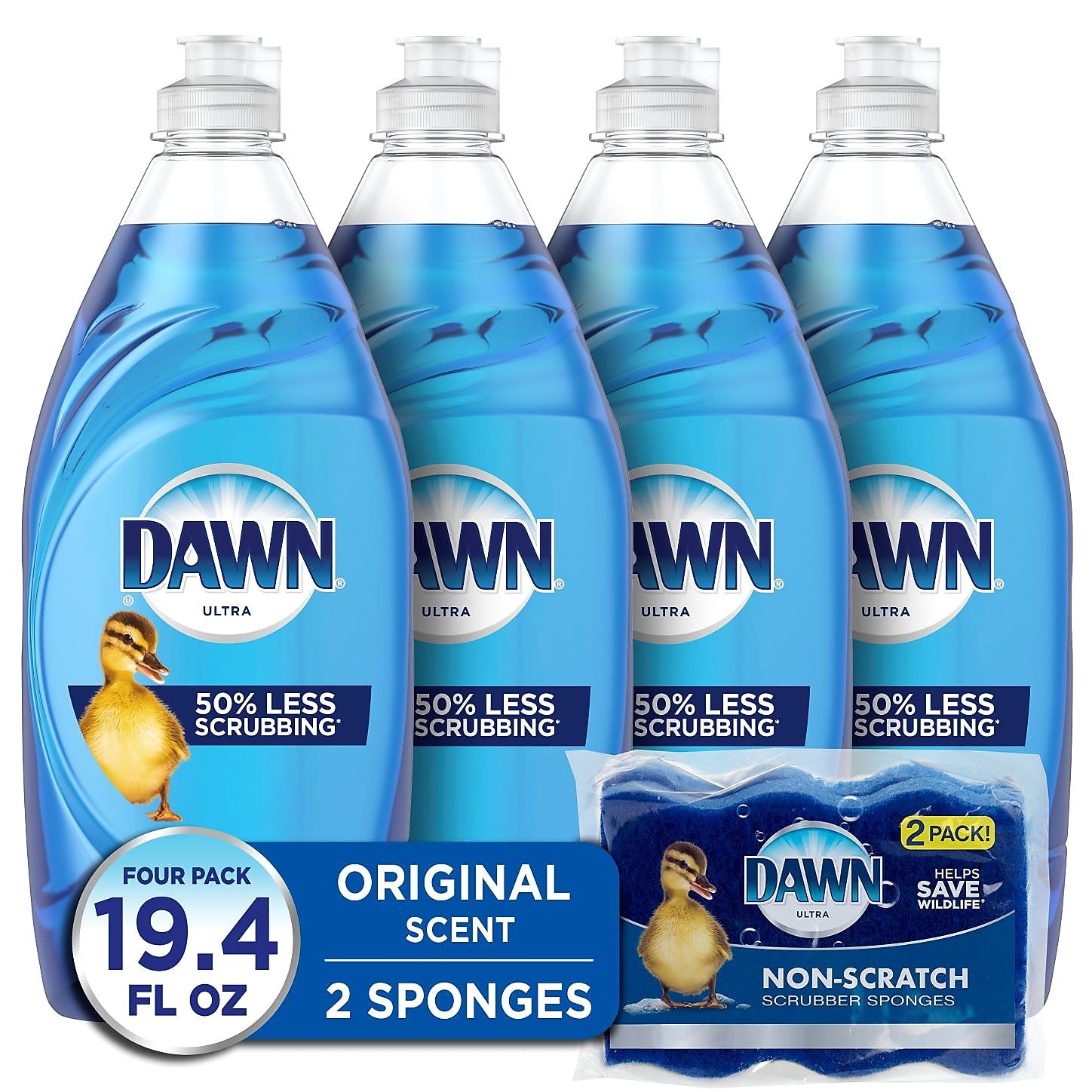 Dawn Ultra Liquid Dish Soap with Sponge, Original Scent, 19.4 oz., 4/Carton