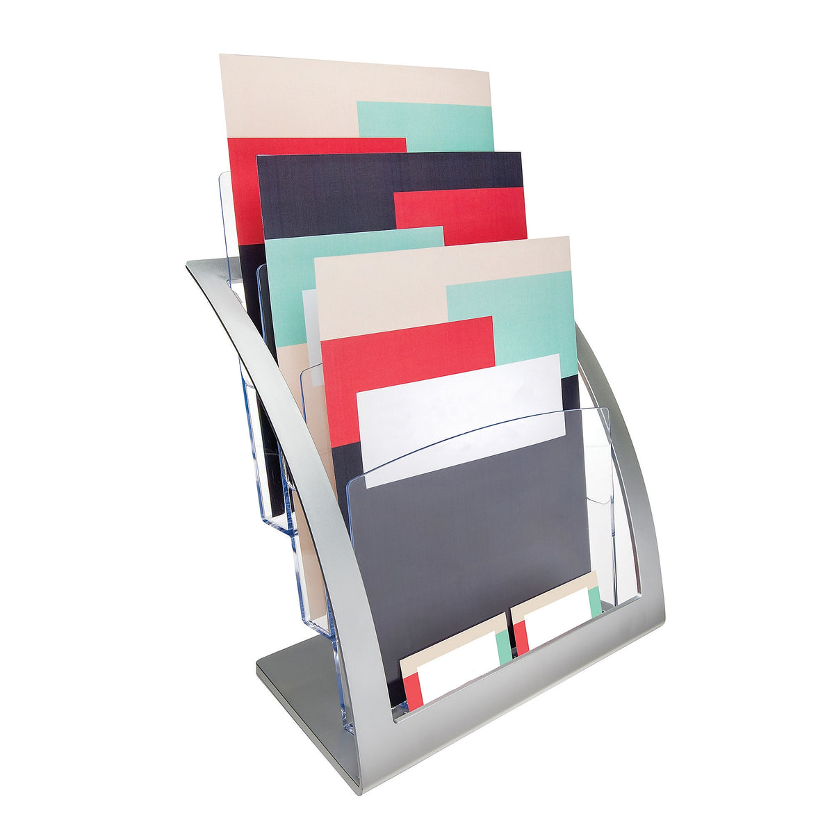 Defelcto Three-Tier Contemporary Magazine Holder, 11-1/4w x 6-15/16d x 13-5/16h, Silver