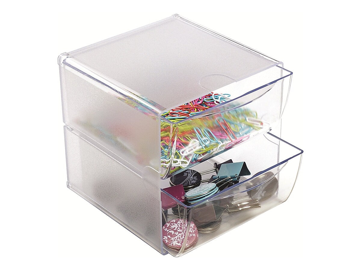 Deflect-O Cube 2 Compartment Stackable Plastic Storage Drawers, Clear