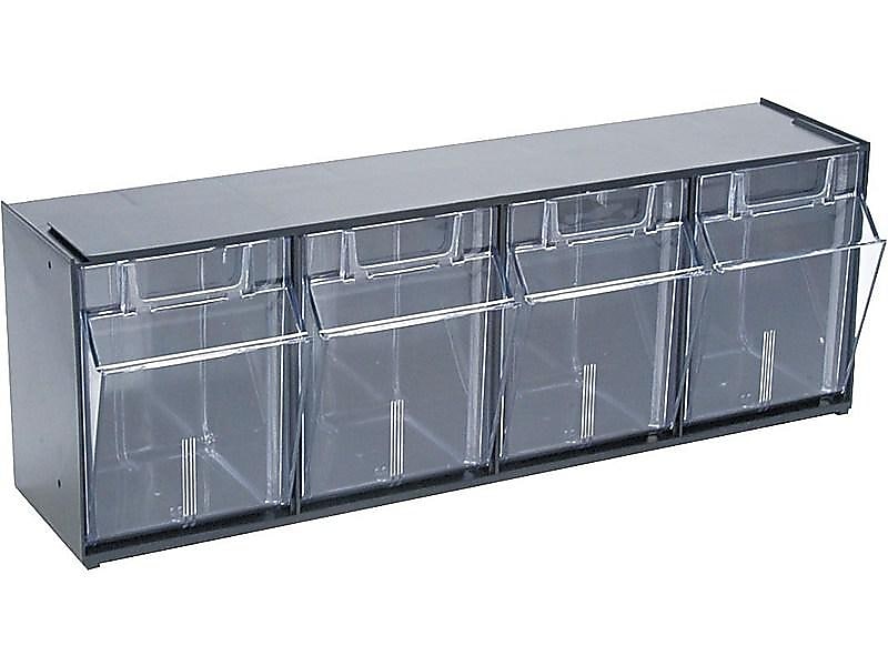 Deflect-O Interlocking Tilt 4-Bin Compartment Storage, Hard Plastic, Black/Transparent