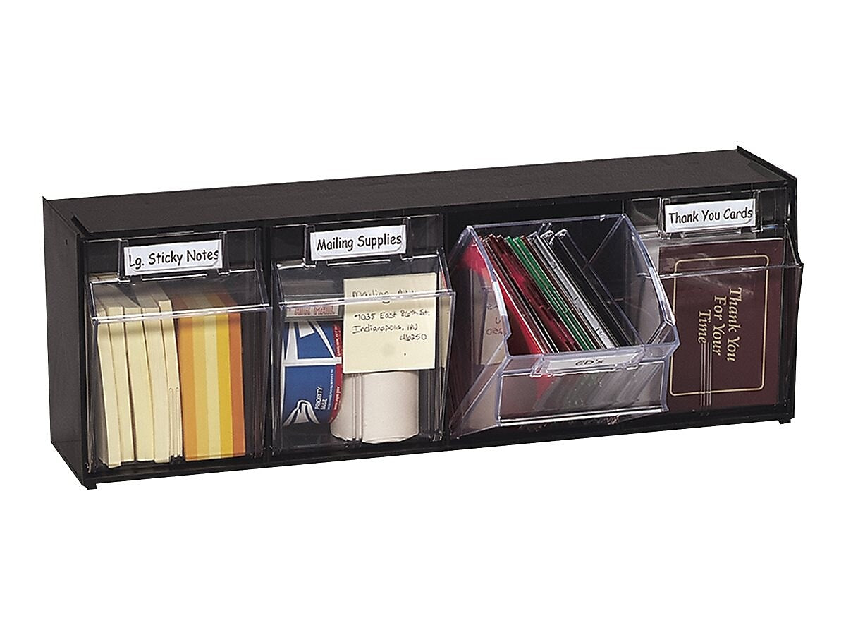 Deflect-O Interlocking Tilt 4-Bin Compartment Storage, Hard Plastic, Black/Transparent