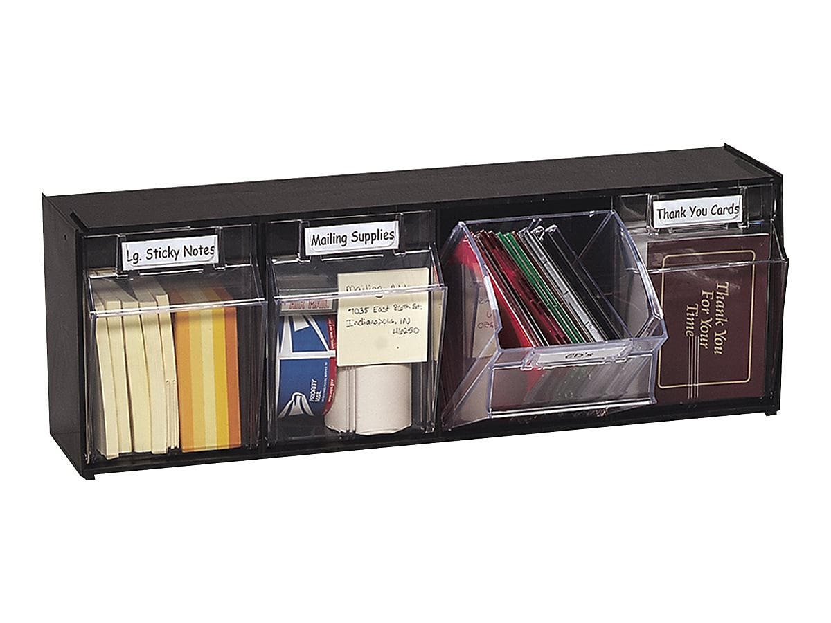 Deflect-O Interlocking Tilt 4-Bin Compartment Storage, Hard Plastic, Black/Transparent