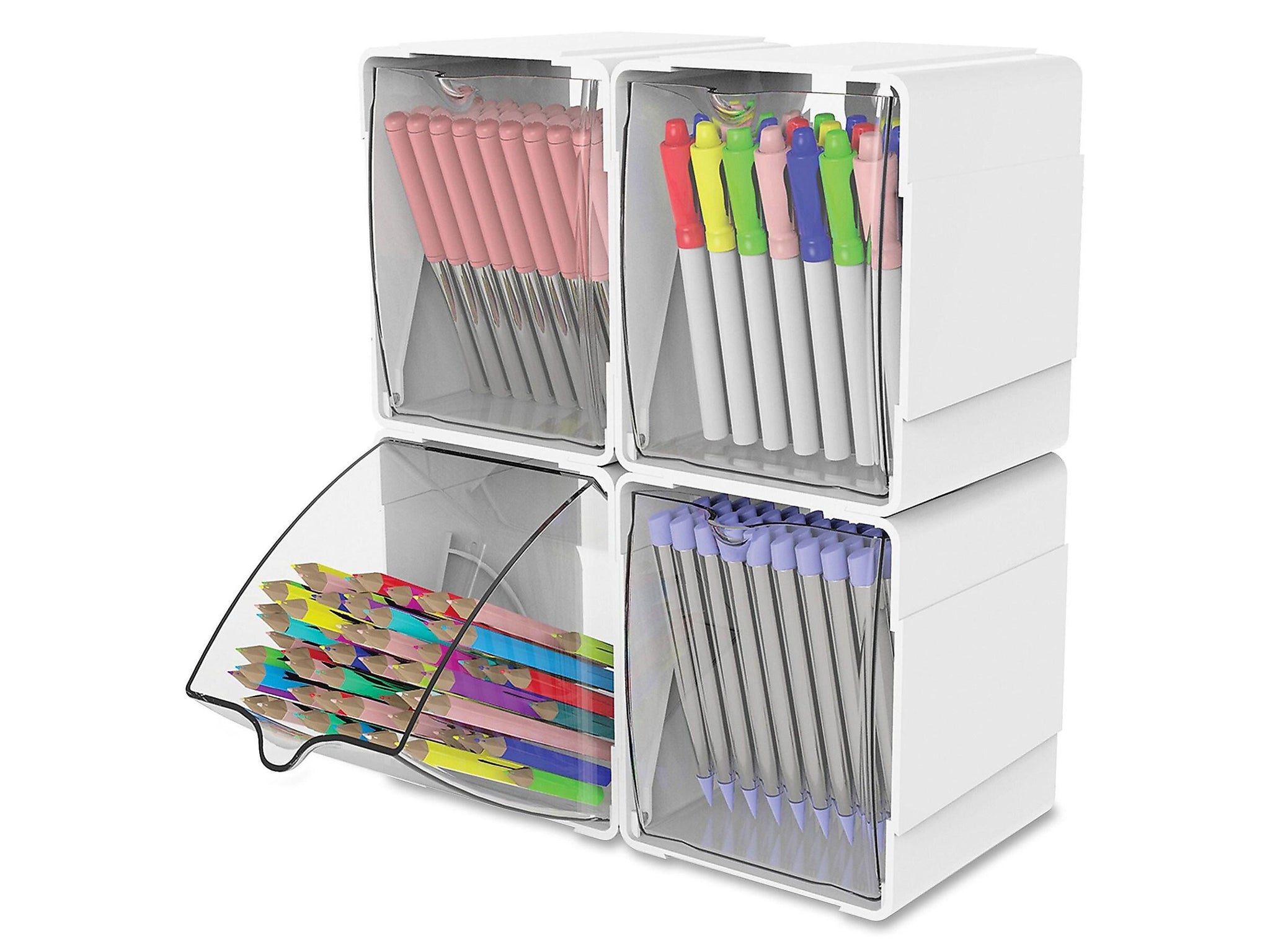 Deflect-O Interlocking Tilt Bin Compartment Plastic Storage, White/Clear, 4/Pack