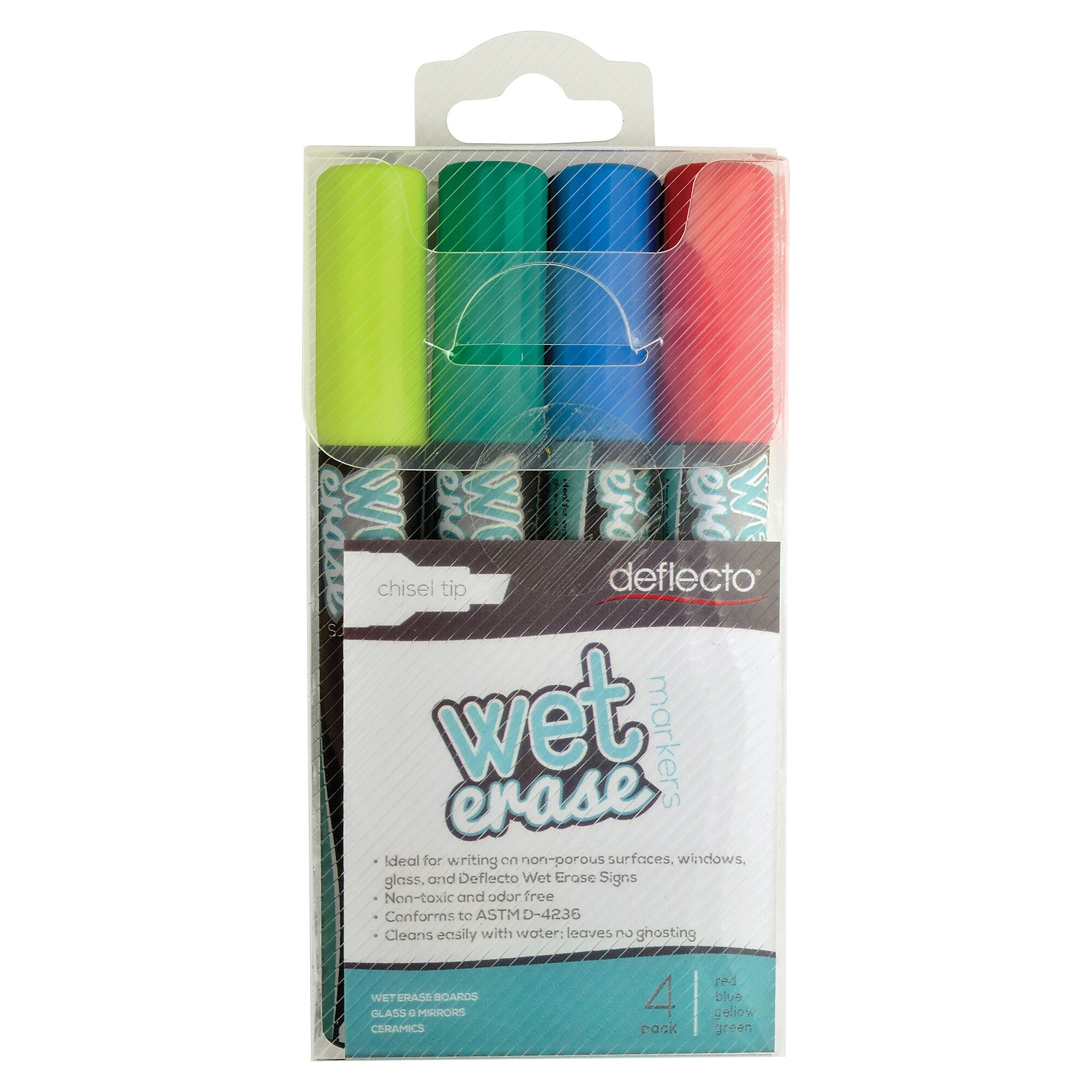 Deflect-O Tank Wet Erase Markers, Chisel Tip, Assorted, 4/Pack