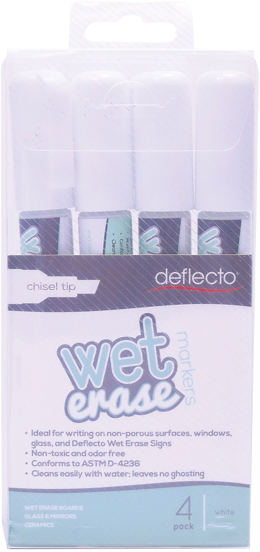 Deflect-O Wet Erase Marker, Chisel Point, White, 4/Pack