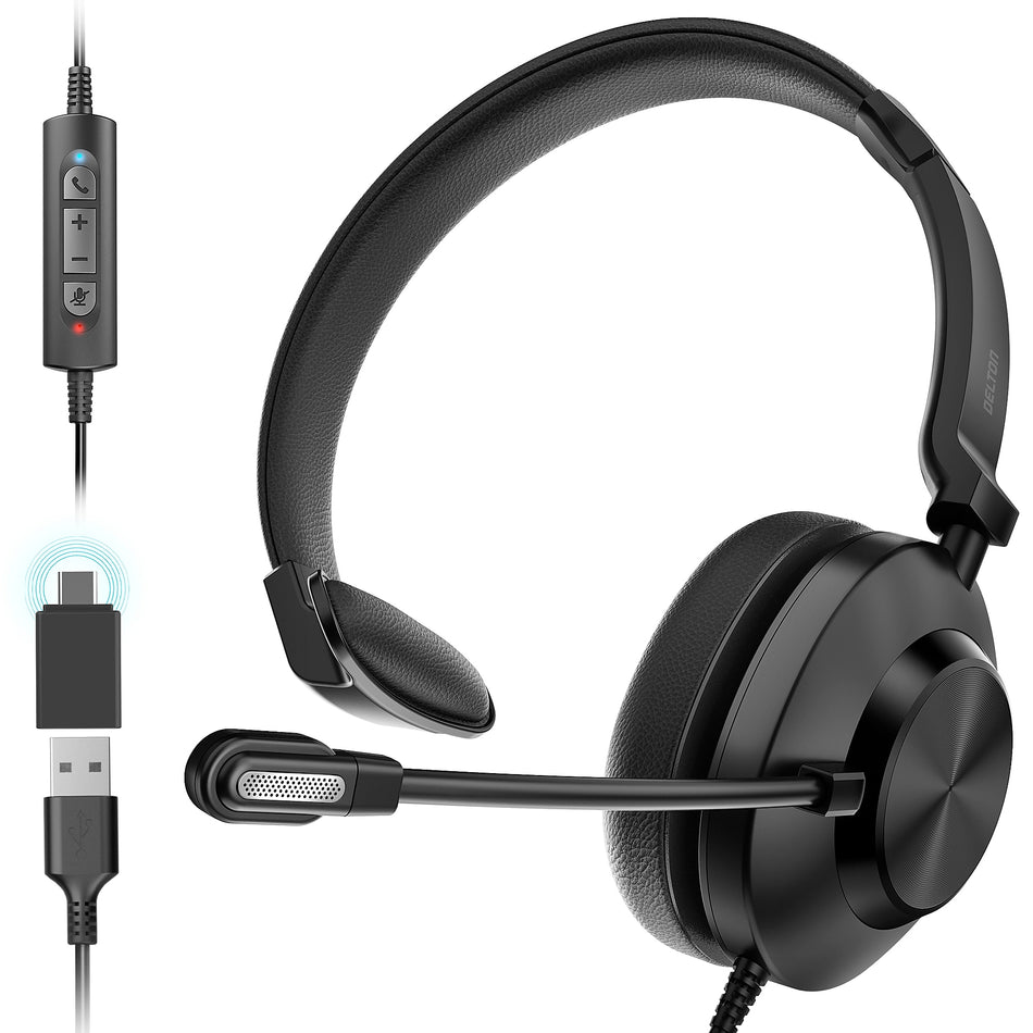 Delton 30Y MS Teams Noise-Canceling On-Ear Mono Computer Headset, USB Type-A & Type-C, Black