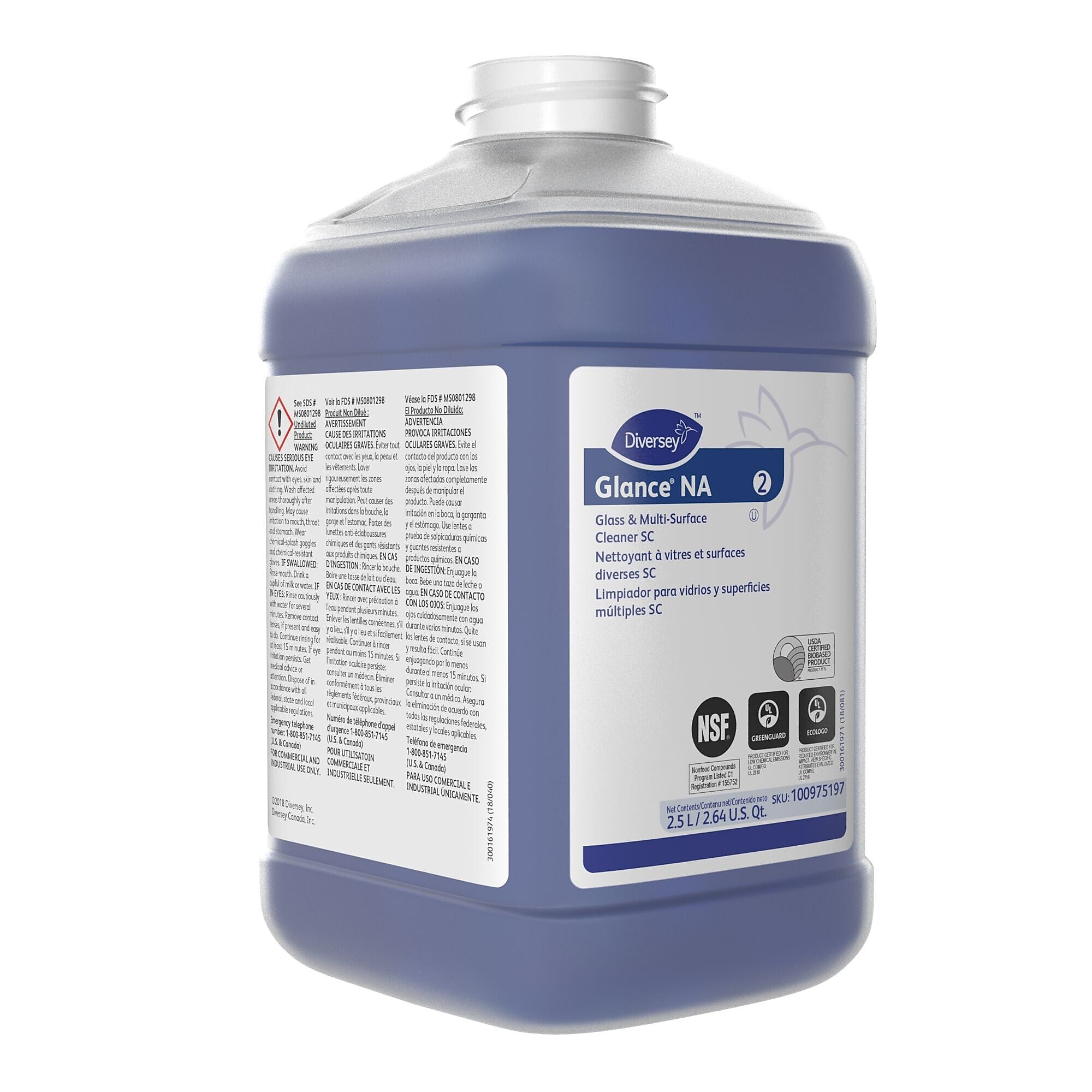 Diversey Glance NA Glass & Multi-Surface Cleaner for J-Fill, Refill, 2.5L, 2/Carton