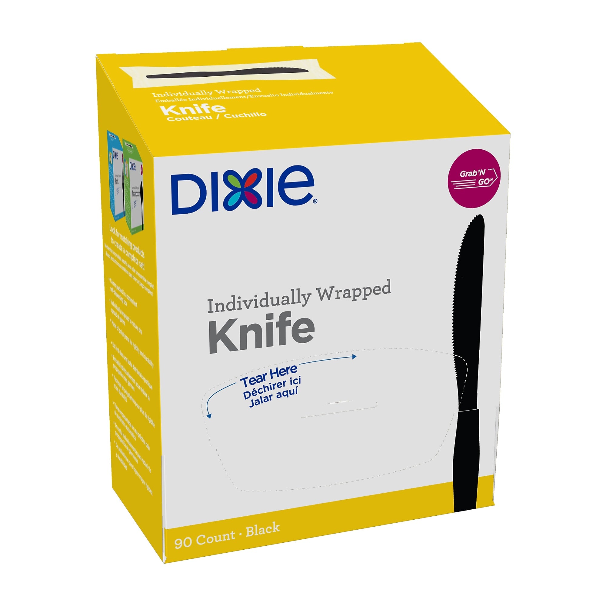 Dixie Grab 'N Go Individually Wrapped Knife, Medium-Weight, Dispenser Box, Black, 90/Pack