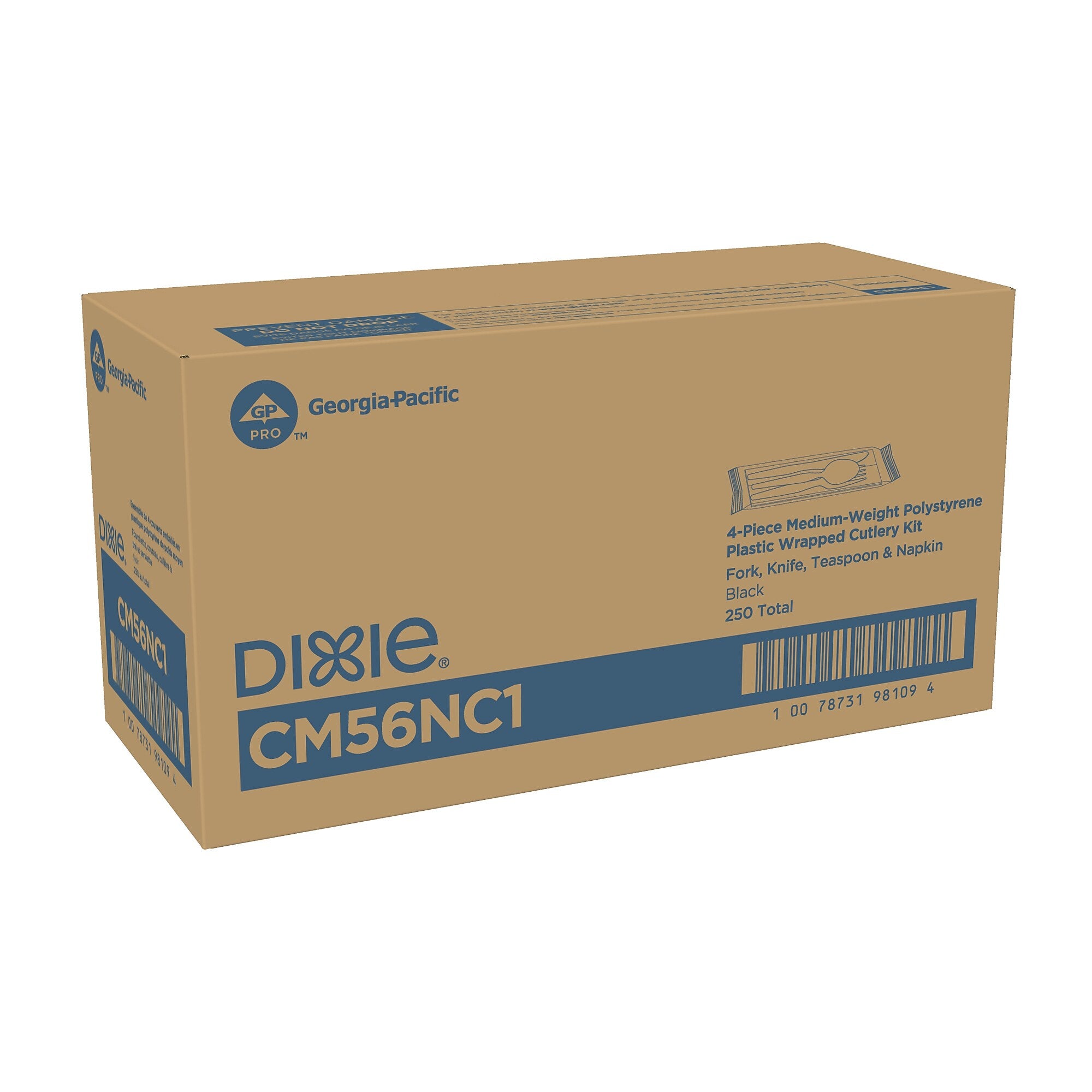 Dixie Individually Wrapped Polystyrene Cutlery Set, Medium-Weight, White, 4 Pieces/Set, 250/Carton