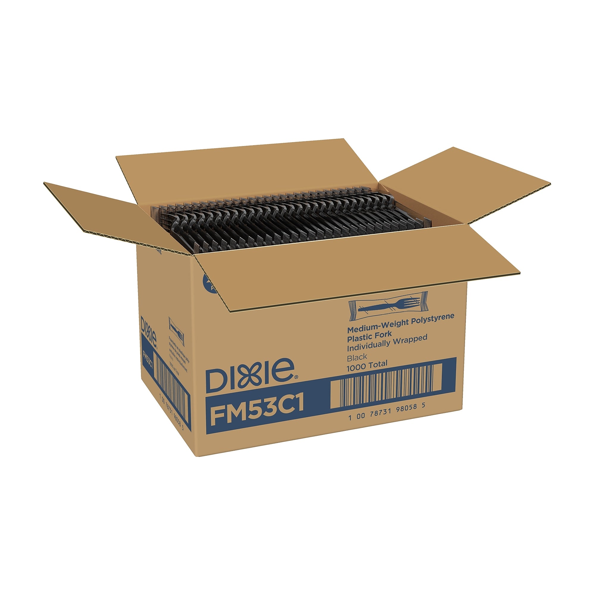 Dixie Individually Wrapped Polystyrene Fork, Medium-Weight, Black, 1000/Carton