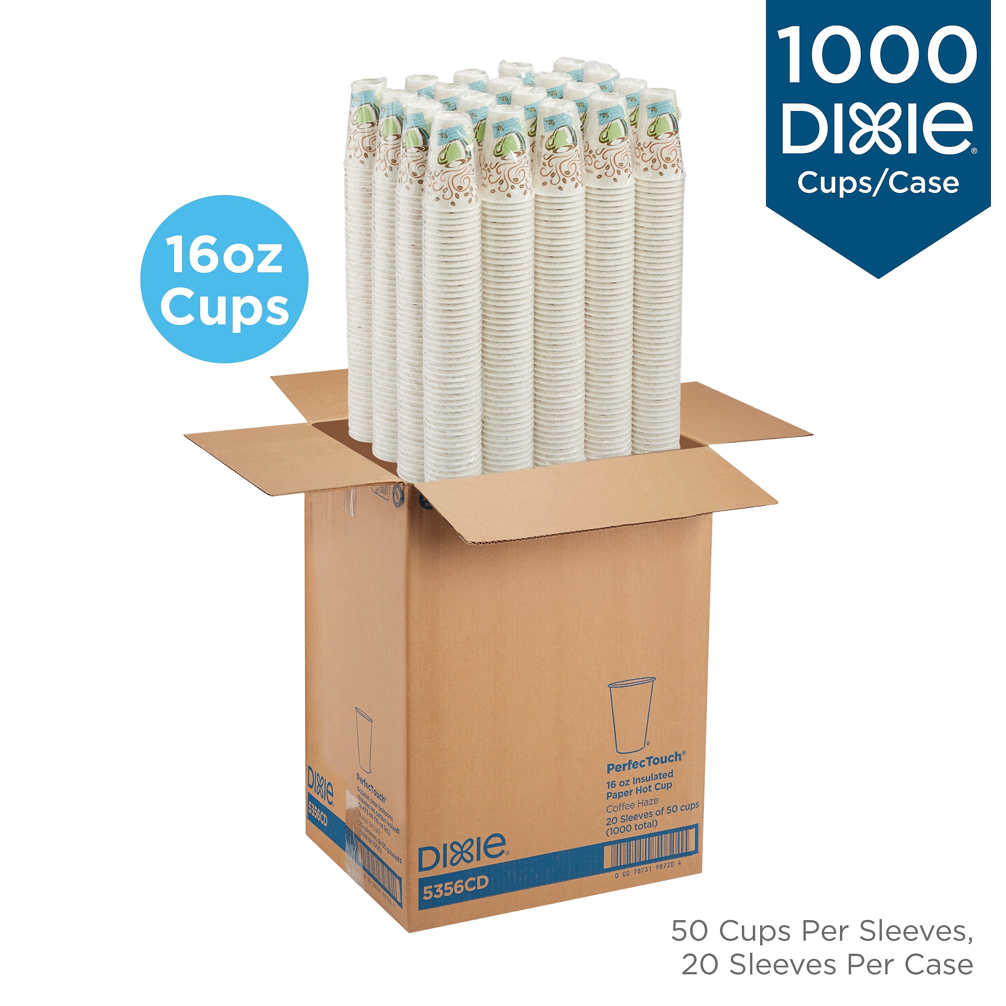 Dixie PerfecTouch Insulated Paper Hot Cups, 16 oz., Coffee Haze, 1000/Carton