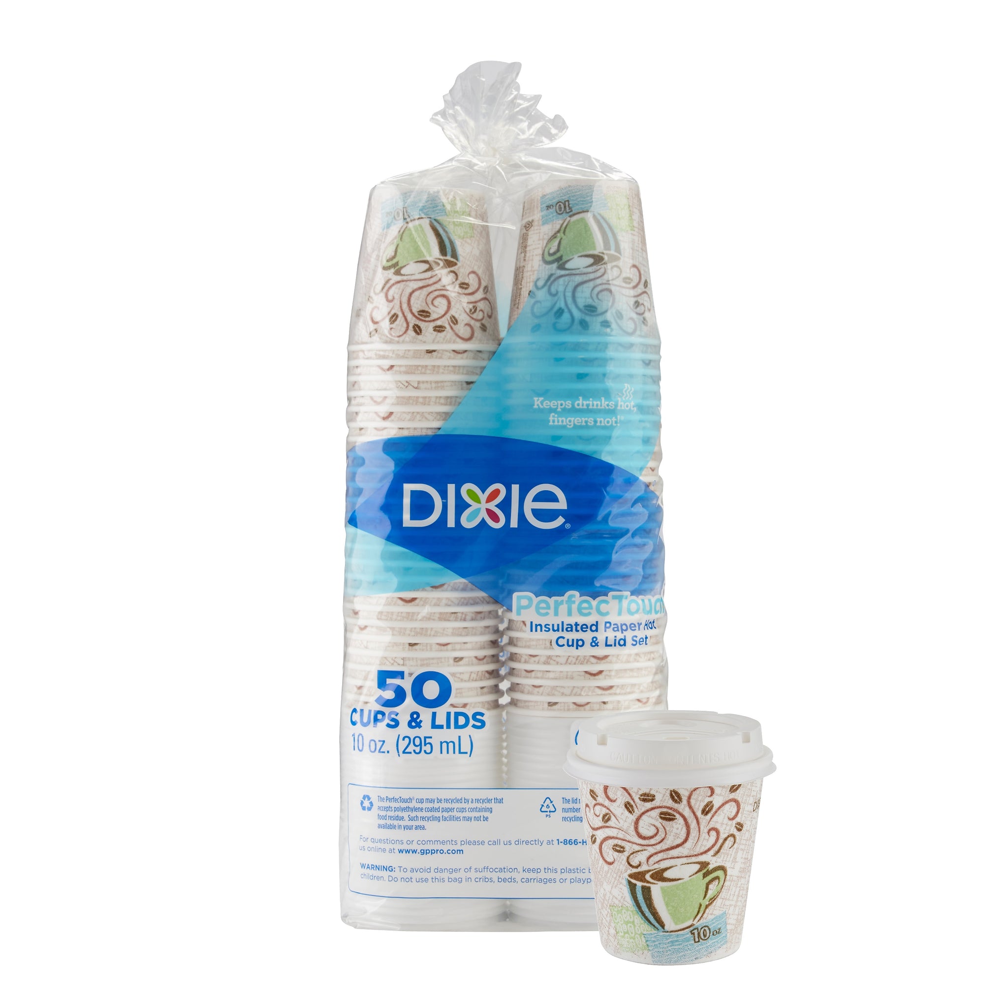 Dixie PerfecTouch WiseSize Insulated Paper Cup & Lid Combo, 10 oz., White, 50/Pack