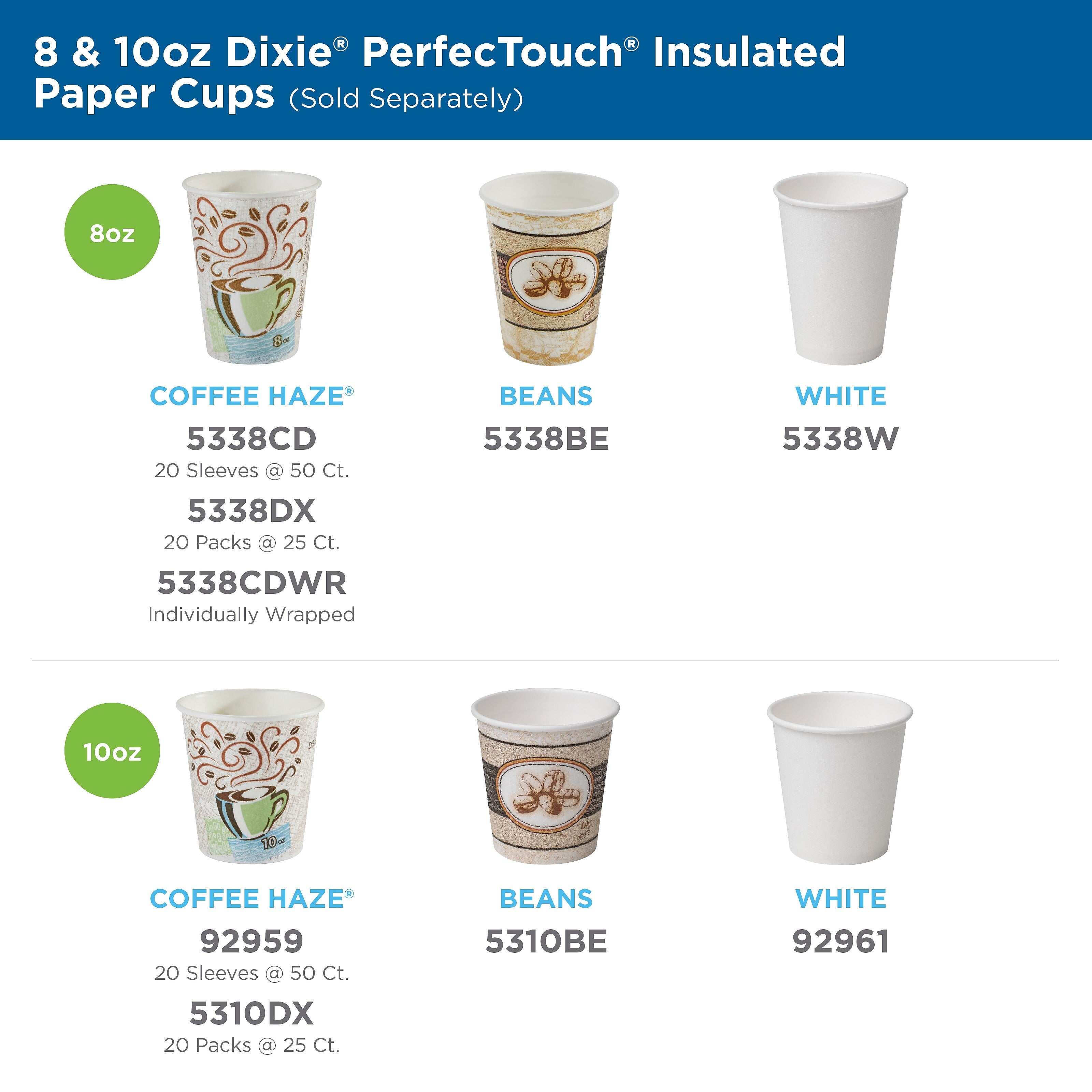 Dixie PerfecTouch WiseSize Insulated Paper Cup & Lid Combo, 10 oz., White, 50/Pack