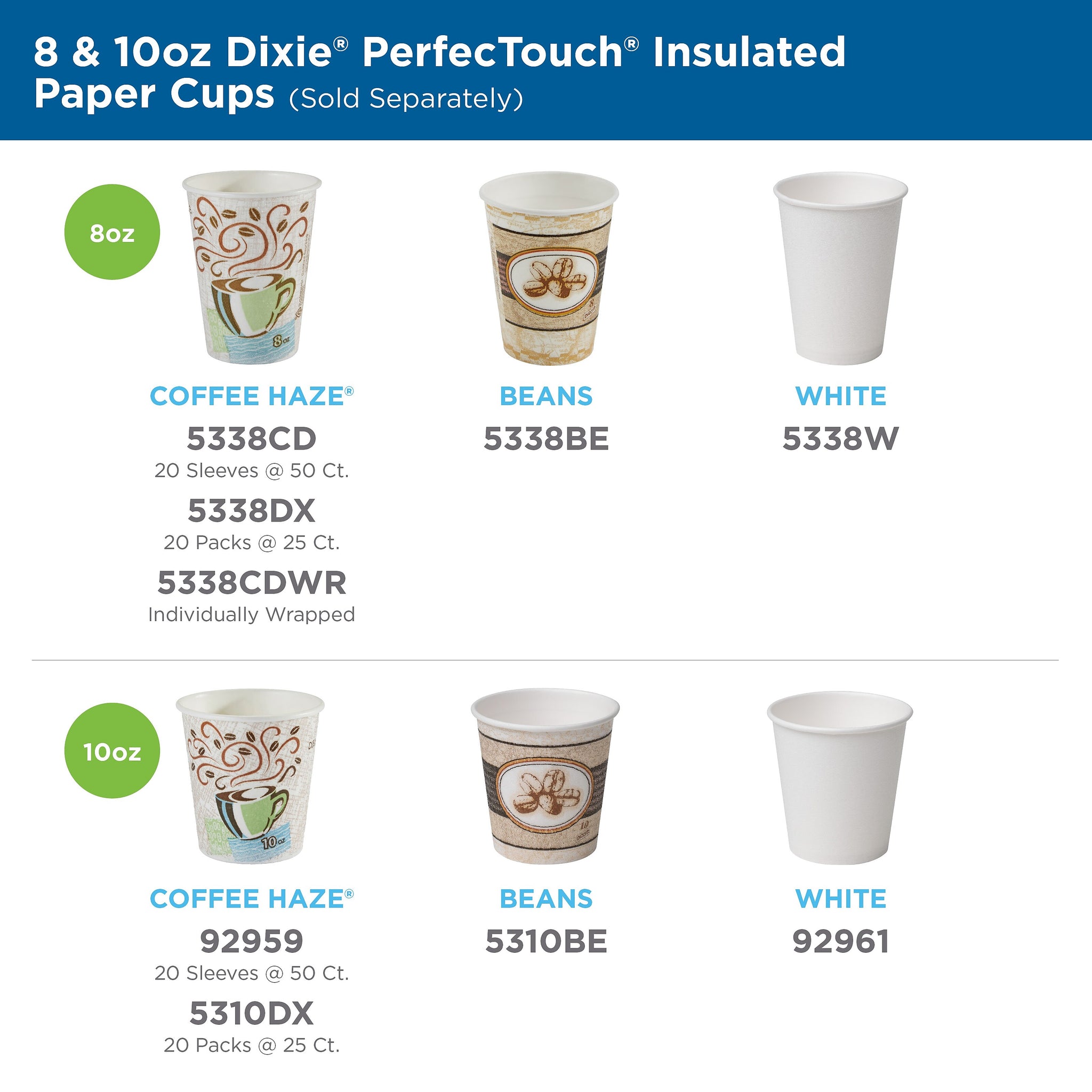 Dixie PerfecTouch WiseSize Insulated Paper Cup & Lid Combo, 10 oz., White, 50/Pack