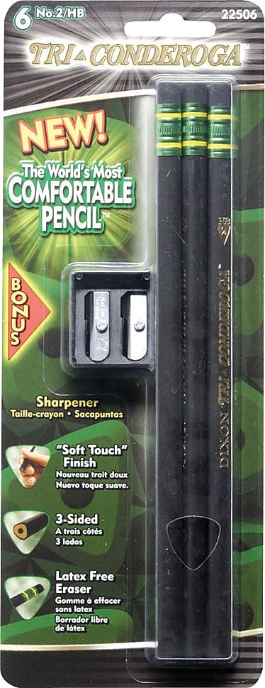 Dixon® Tri-Conderoga® Triangular Black Woodcase Pencils with Bonus Manual Pencils Sharpener, #2 Soft, 6/Pack