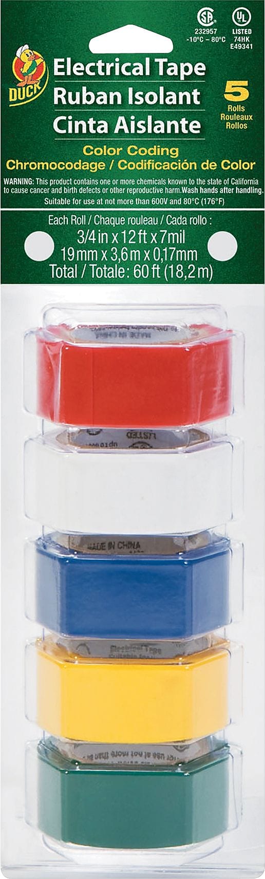 Duck® Brand .75 in. x 12 ft. x 7 mil. Professional Color Coding Electrical Tape, Multi-Color, 5 pk