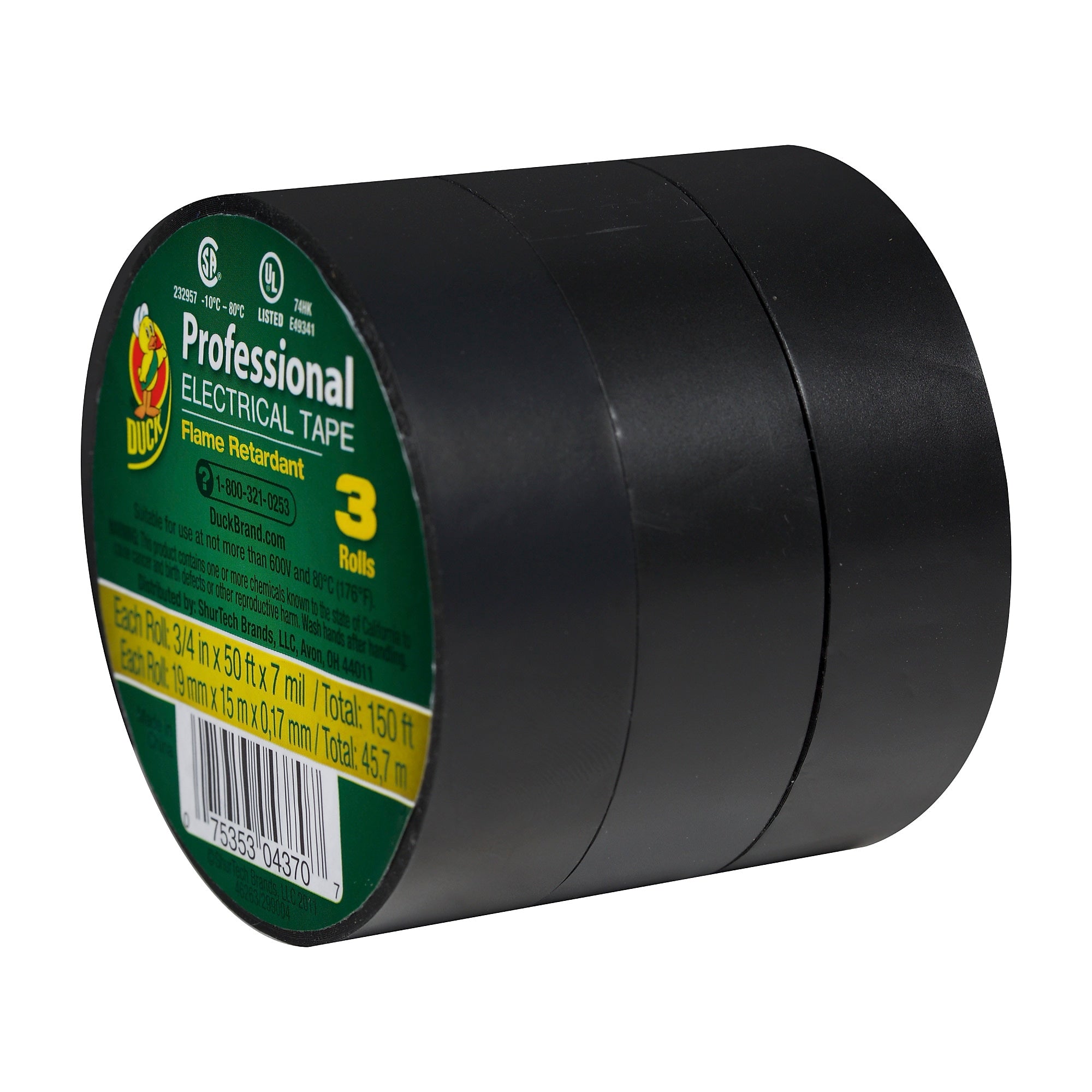 Duck® Brand .75 in. x 50 ft. x 7 mil. Professional Electrical Tape, Black, 3 pk