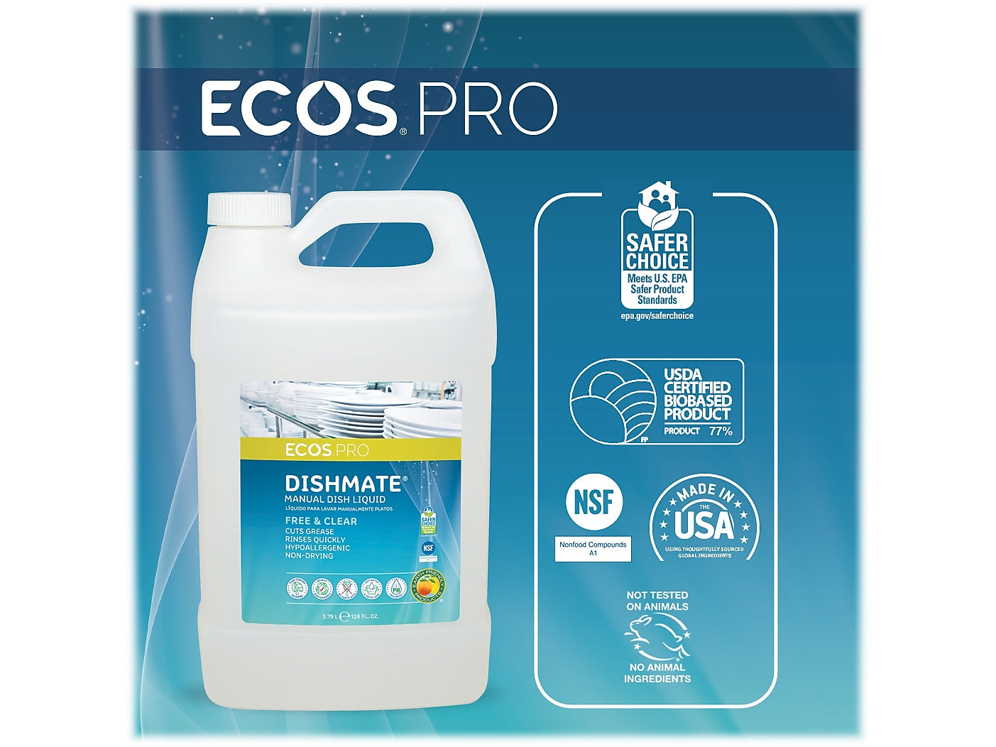 ECOS PRO Dishmate Liquid Dish Soap, Unscented, 128 oz.