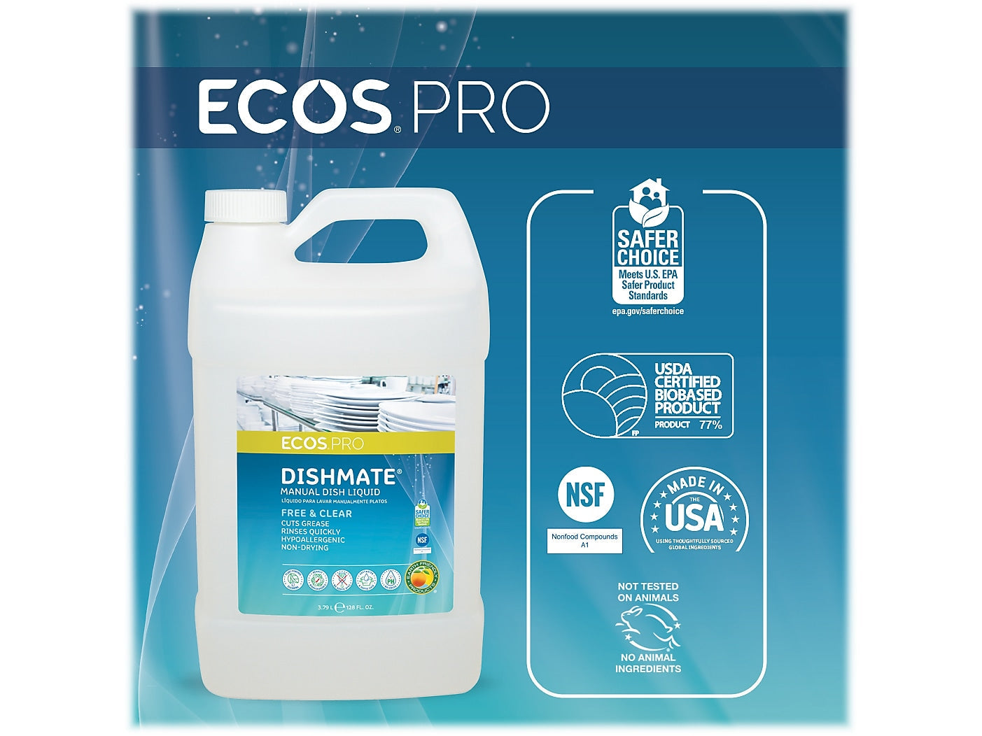 ECOS PRO Dishmate Liquid Dish Soap, Unscented, 128 oz.
